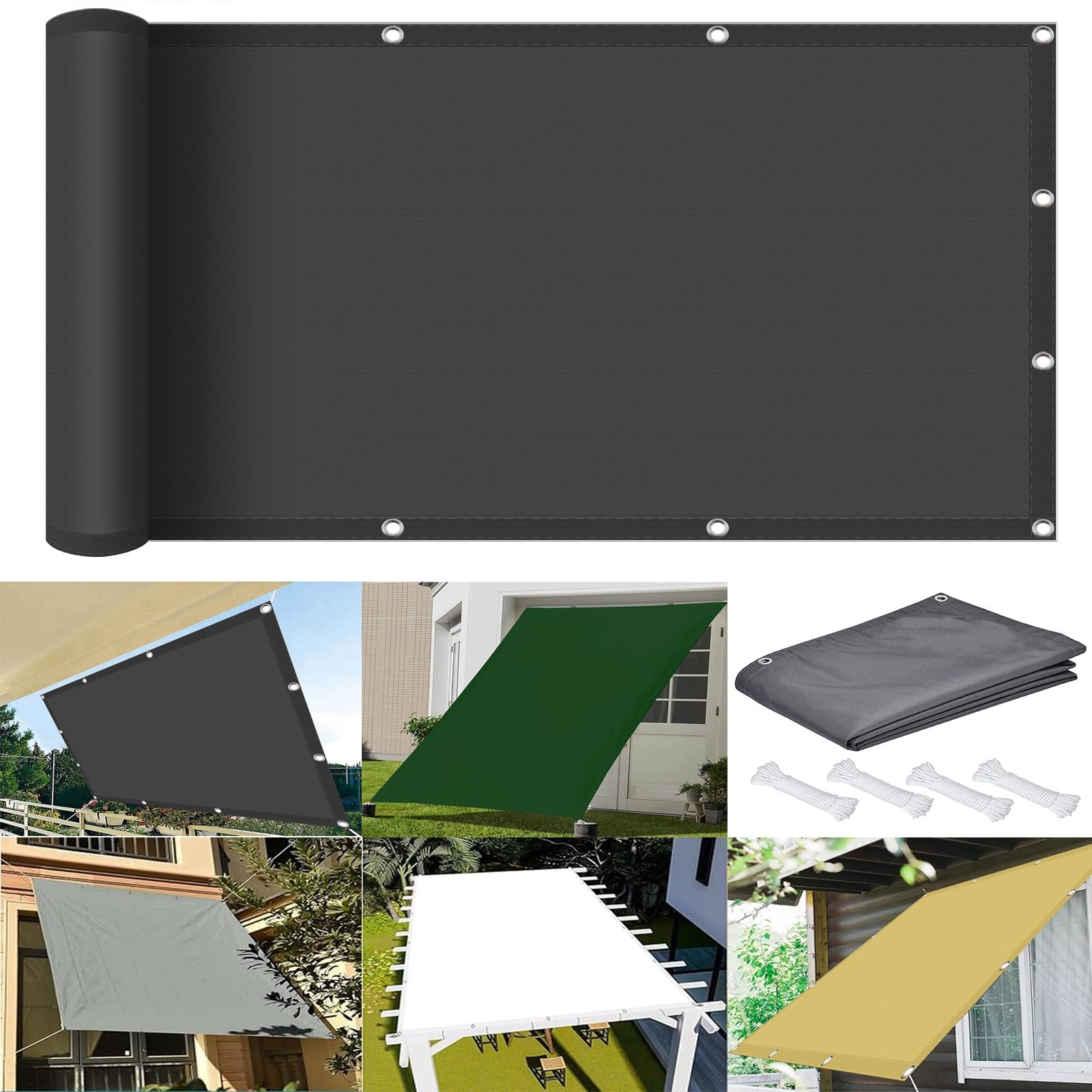 Telo impermeabile quadrato 1,5 x 7,5 m, 98% protezione UV, in poliestere PES, per giardino, balcone, terrazza, campeggio, colore grigio con occhielli e cordoncino