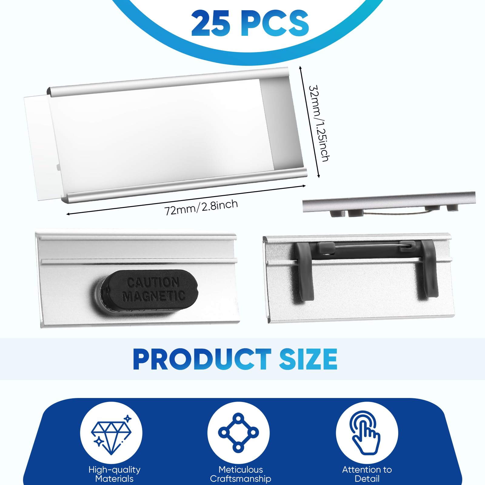 Hicarer 25 Pack Aluminium Name Tags with Pin and Strong Double Magnets Transparent Magnetic Aluminum Name Tags ID Badge Blanks Badge Holder Labels, 72 x 32 MM, Silver - Image 2