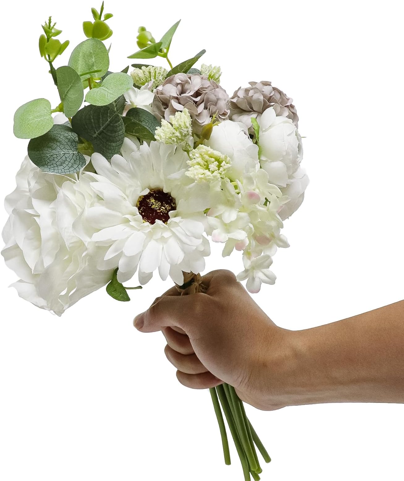 Small Artificial Flowers Bouquet, Silk Peony and Gerbera Daisy, Realistic White Fake Flowers for Home Decor, Heat Resistant Floral Arrangements for Majlis, Ramadan, Wedding, Table Centerpiece