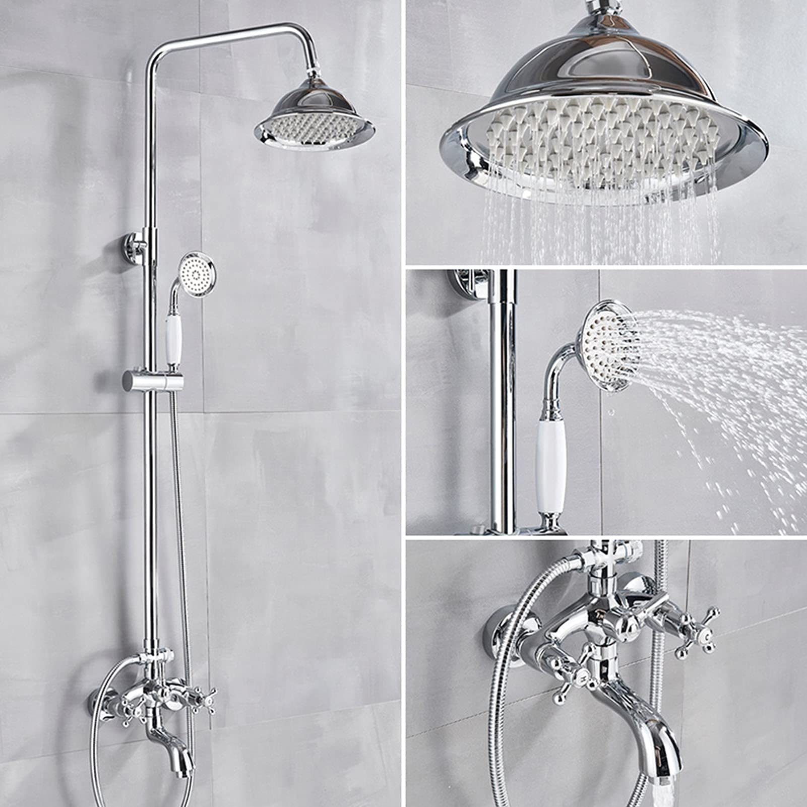 CWCQGH Shower Faucet Sets, 8 Inch Rainfall Shower Head Set with Tub Spout, Double Cross Handles Wall Mounted Bathtub Faucet, Bath Shower Mixer Tap,Chrome,Chrome