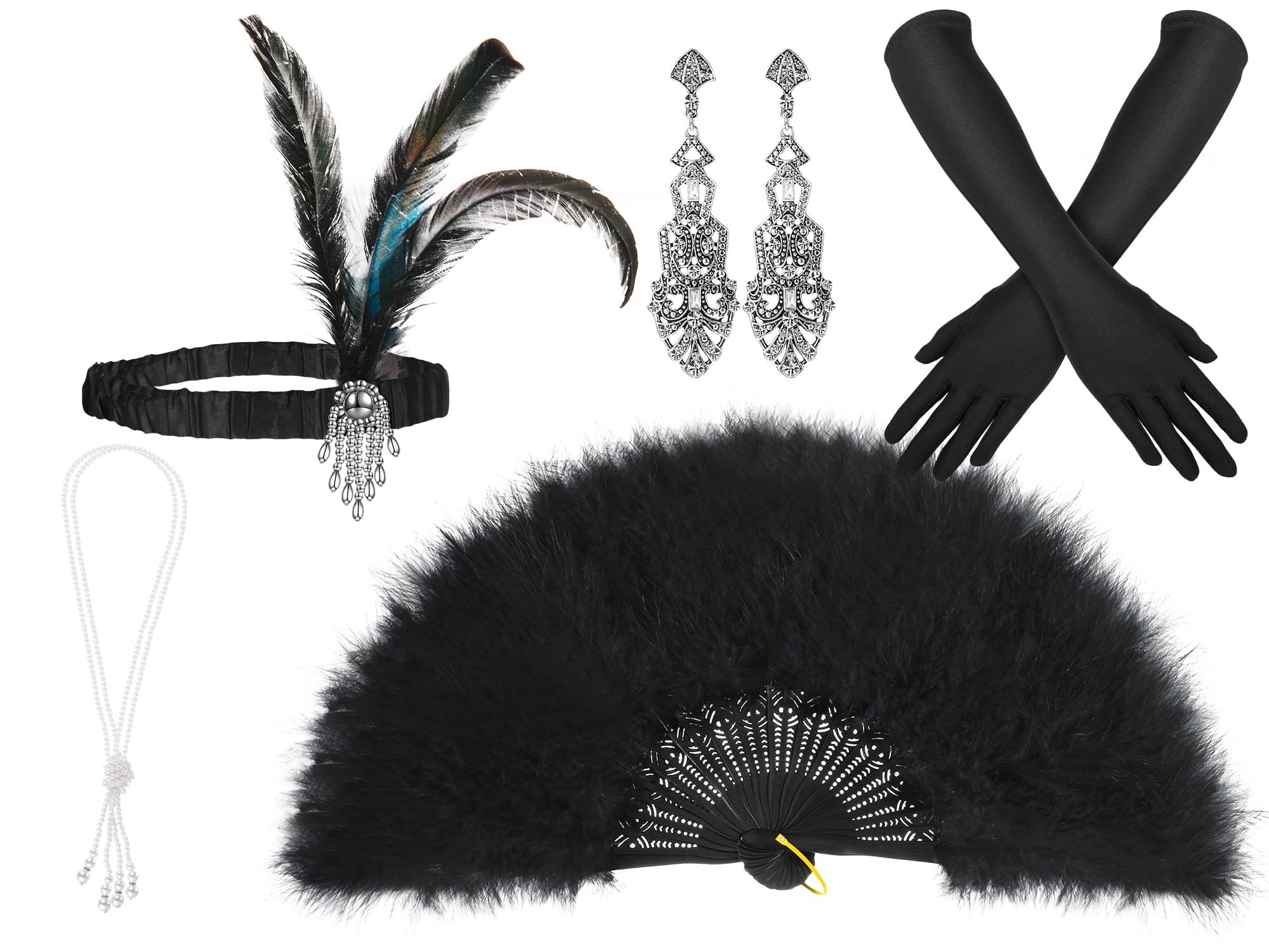 1920s Flapper Costume Accessories Set Pearl Necklace Feather Fan Gloves 1920s Jazz Age Flapper Style Costume Accessories Set  main image 2