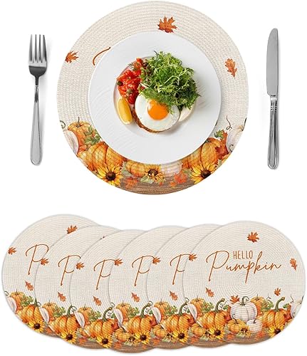 6 manteles individuales redondos trenzados, diseño de girasoles, hojas de arce y Acción de Gracias, lavables, manteles individuales de 15 pulgadas,