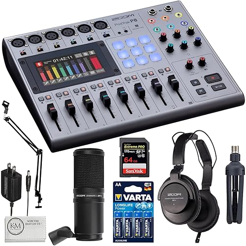 Zoom PodTrak P8 Portable Multitrack Podcast Recorder Bundled with Zoom ZDM-1 Podcast Mic Pack + 64GB Card + Batteries + Mic Arm & Accessories (6 Items)