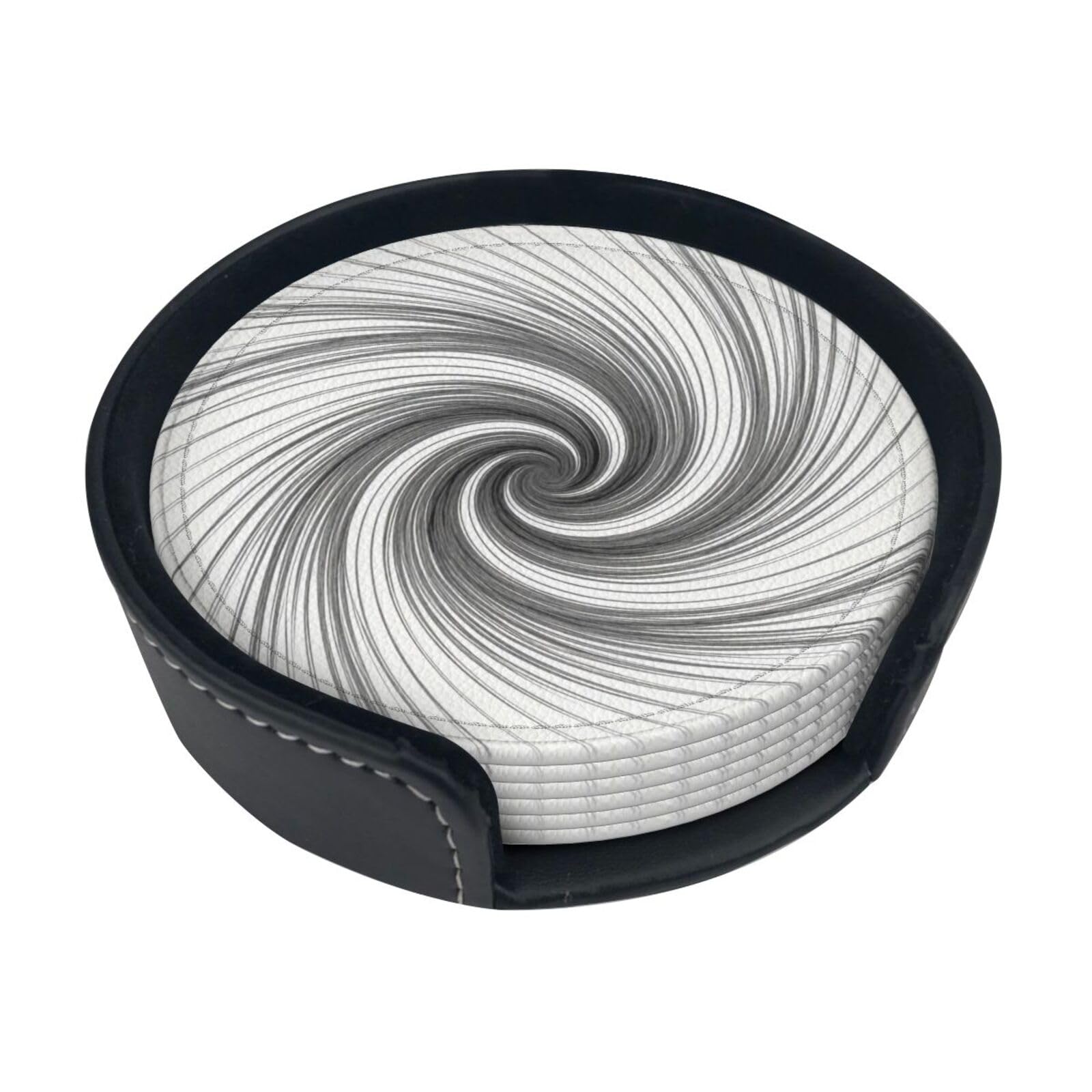 Cntdbu White Spiral Line Art Leather Coasters Set Of 6-Pu Leather Drink Mats For Table, Heat Resistant Round Coasters With Holder
