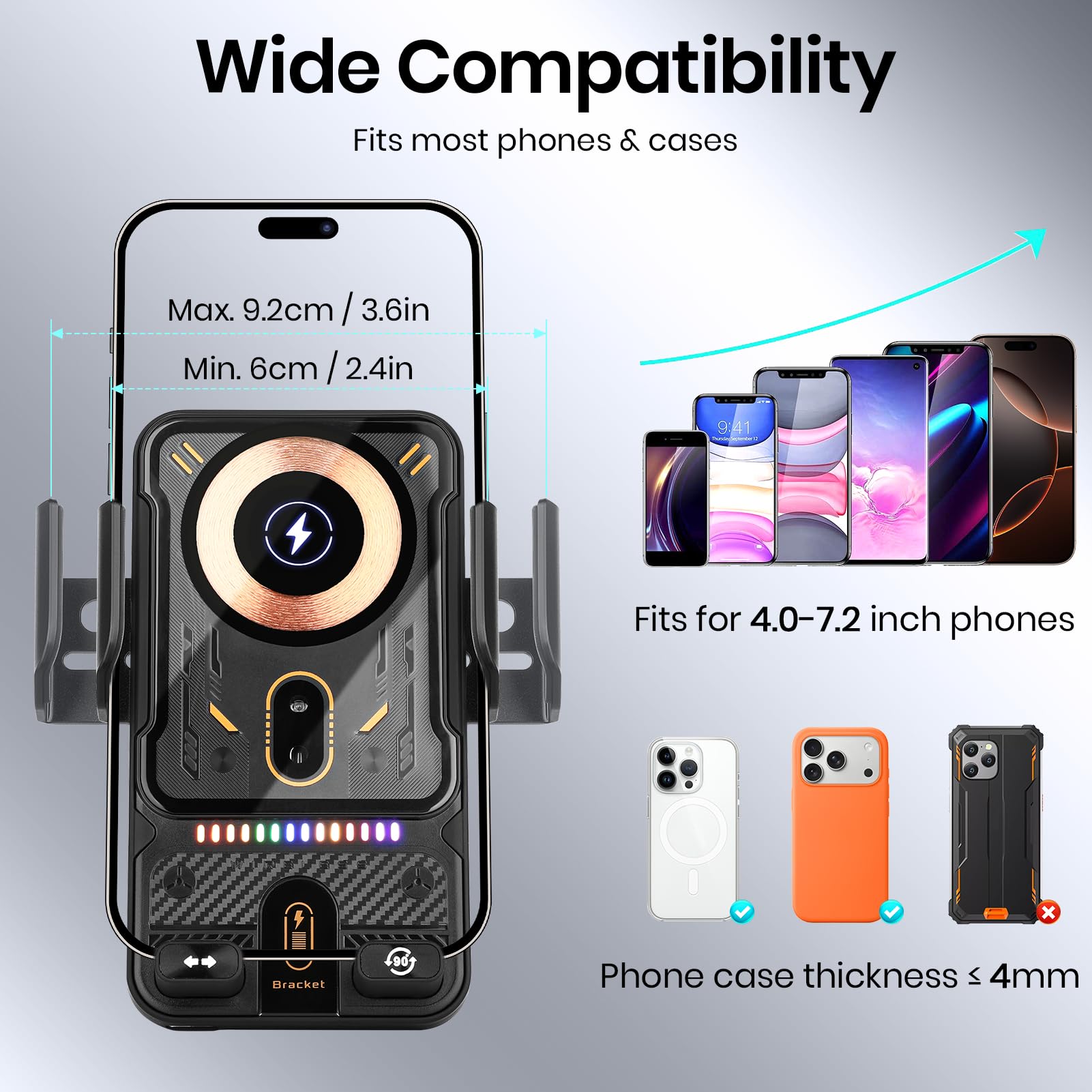 Supporto per telefono da auto con caricabatterie wireless da auto da 15 W, staffa di montaggio per bocchetta dell'aria con apertura e chiusura a induzione, supporto per telefono con regolazione della
