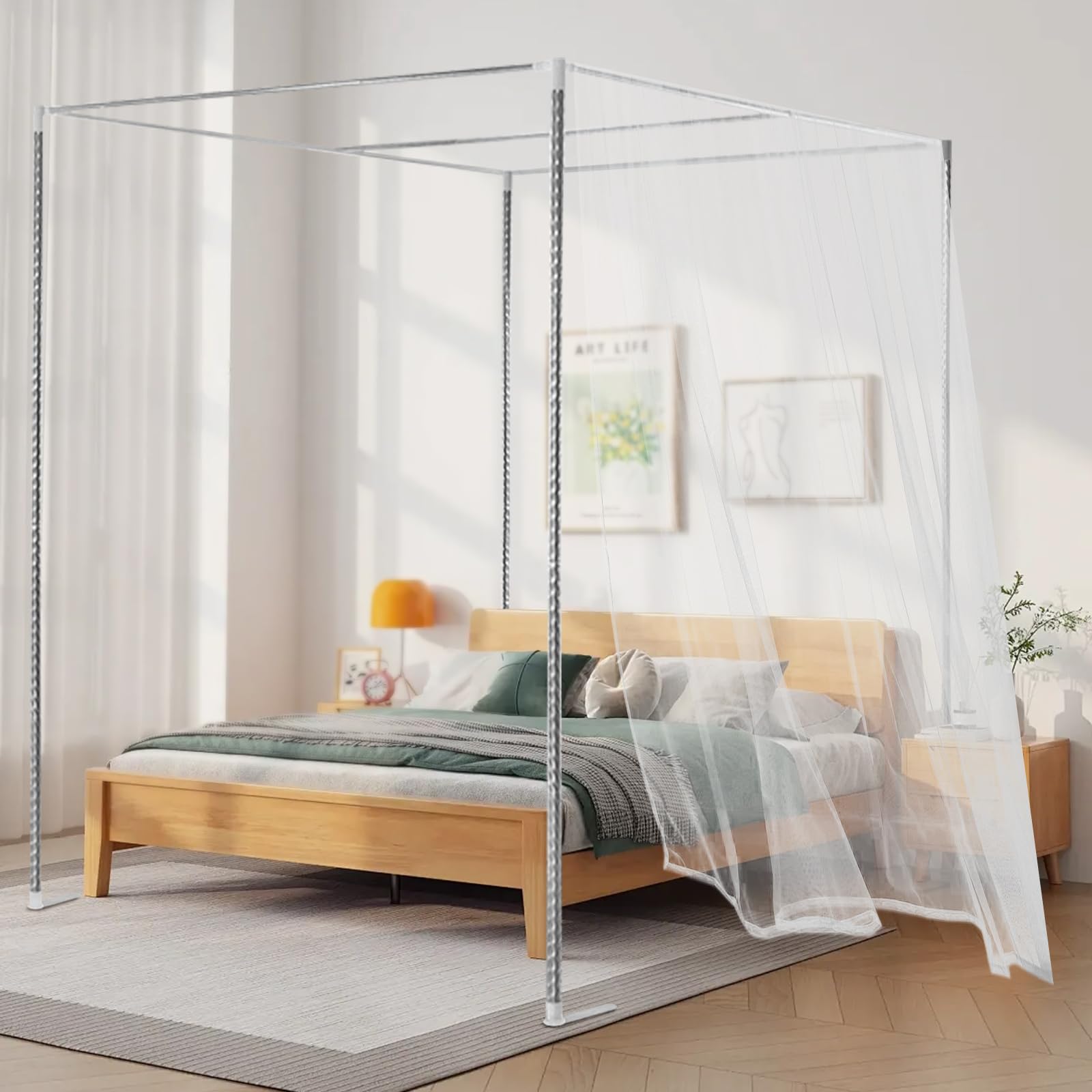 Liffshsy Stainless Steel Canopy Bed Frame, Canopy Bed Poles with Plastic Extended Connector and Threaded Ports, 4 Corner Bracket Mosquito Net Support for Bedroom Decor (2x2x2m)