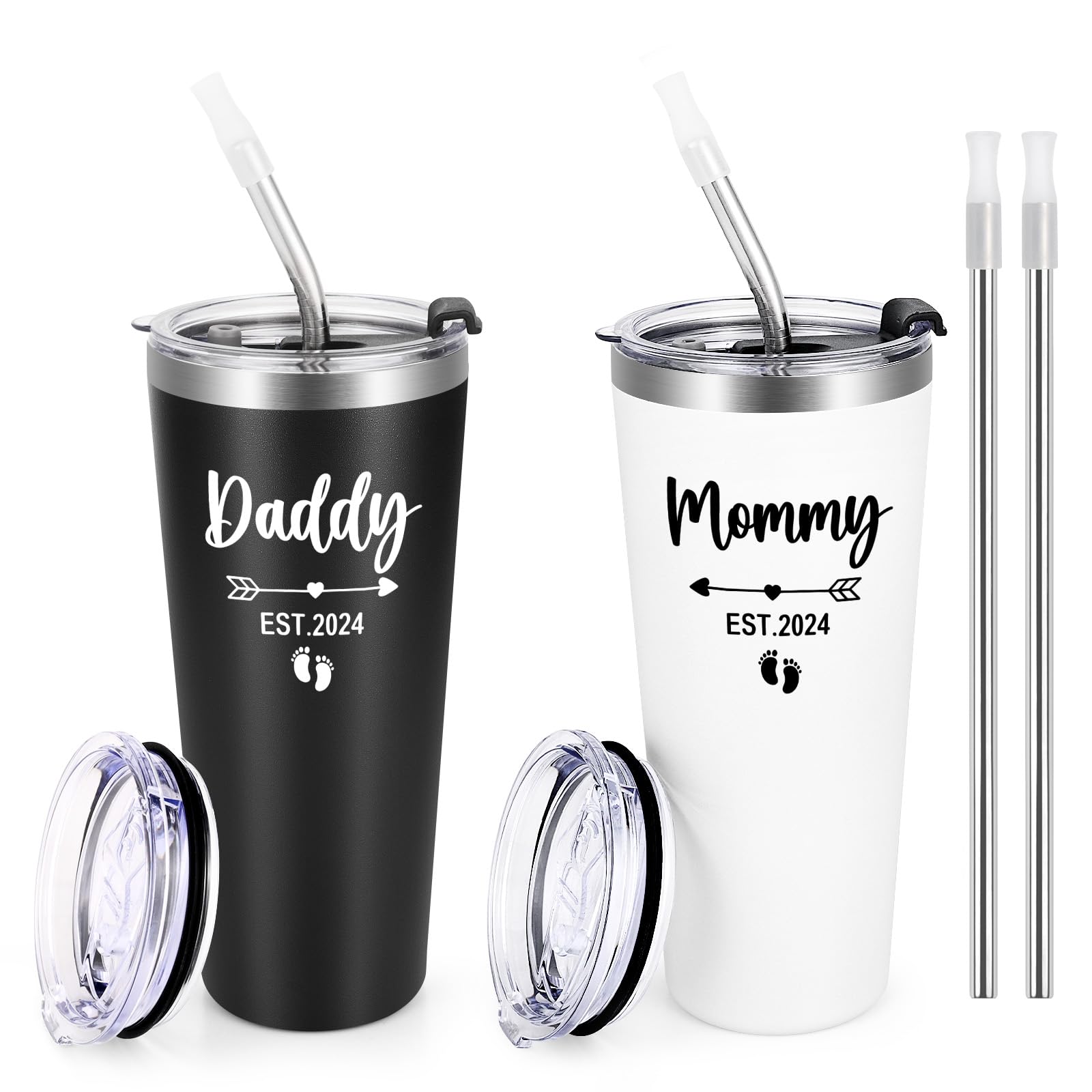 LiqCoolNew Parents Gifts for Couples, Daddy & Mommy Est 2024 22 Oz Tumbler Set, Christmas Mother's Day Father's Day Gifts for New Mom Dad Parents, Stainless Insulated Tumbler with Lid Black & White