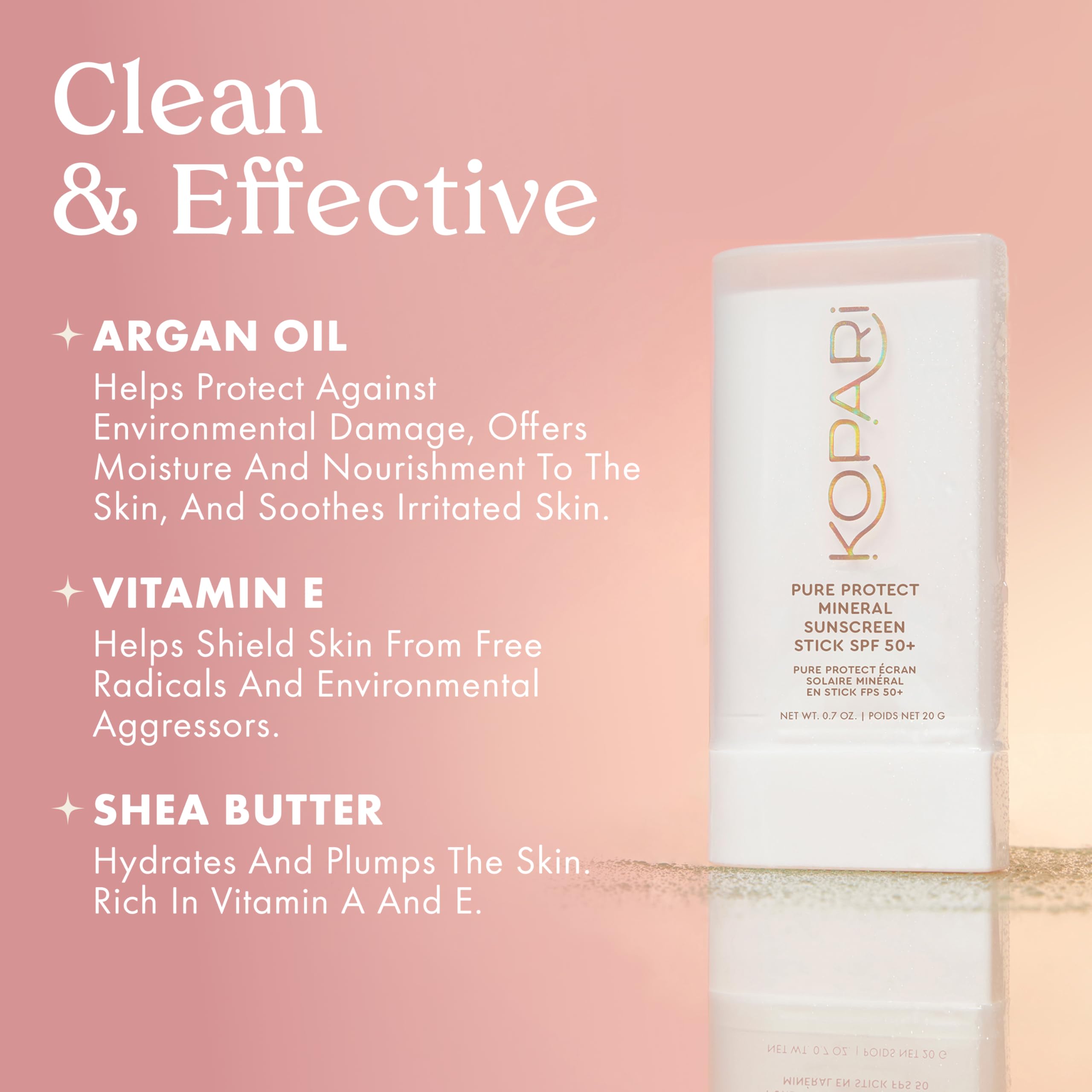 Kopari Pure Protect - Barra de protección solar 100 % mineral SPF 50+, protección solar transparente para cara y cuerpo con óxido de zinc, aceite de argán hidratante y manteca de karité
