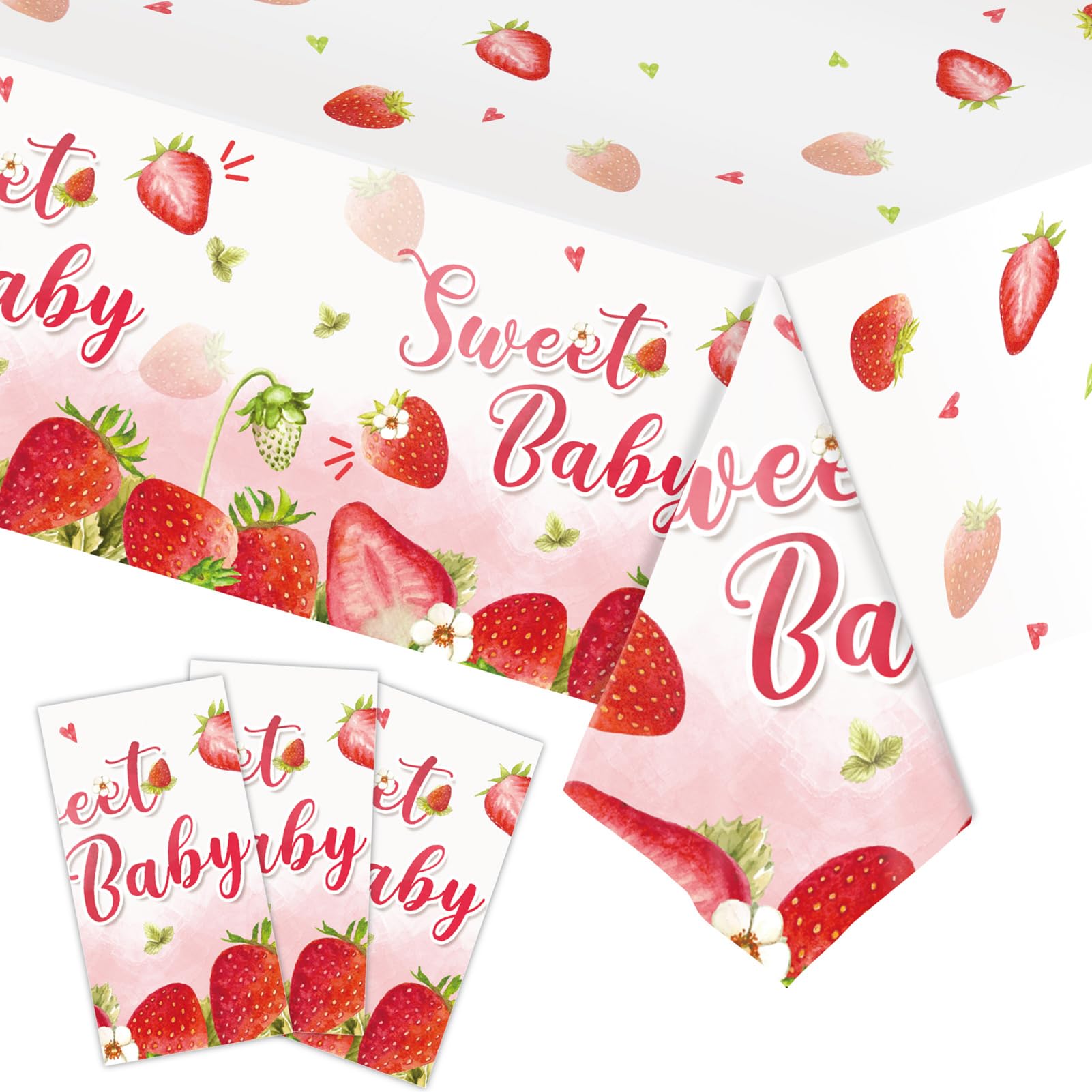 MaitianGuyou 3Pcs Strawberry Party Tablecloth, Strawberry Theme Birthday & Baby Shower Decorations, Plastic Tablecovers, Berry First Birthday Decoration, 54 x108 Inch