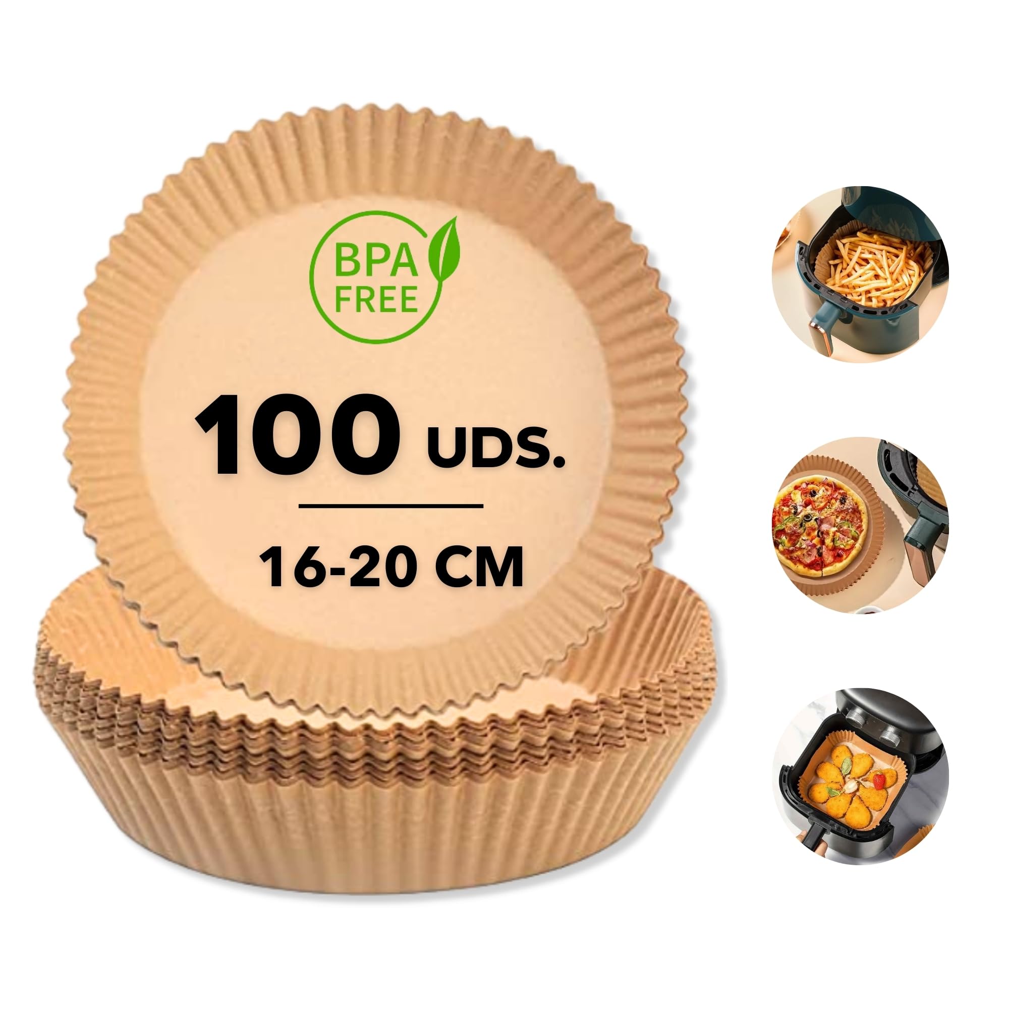 DESTINY SM - Papel Airfryer | 16-20CM | 100 Uds. de Papel Freidora Aire Redondo | BPA Free | Desechable | Para Freidora de Aire de 2-4.5L | Complementos Airfryer