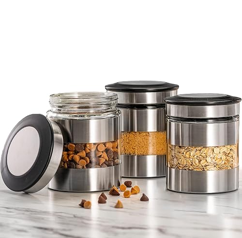 Le'raze Quality Stainless Steel Canister Set of 3 for Kitchen Counter with Glass Window & Airtight Lid - Food Storage Co