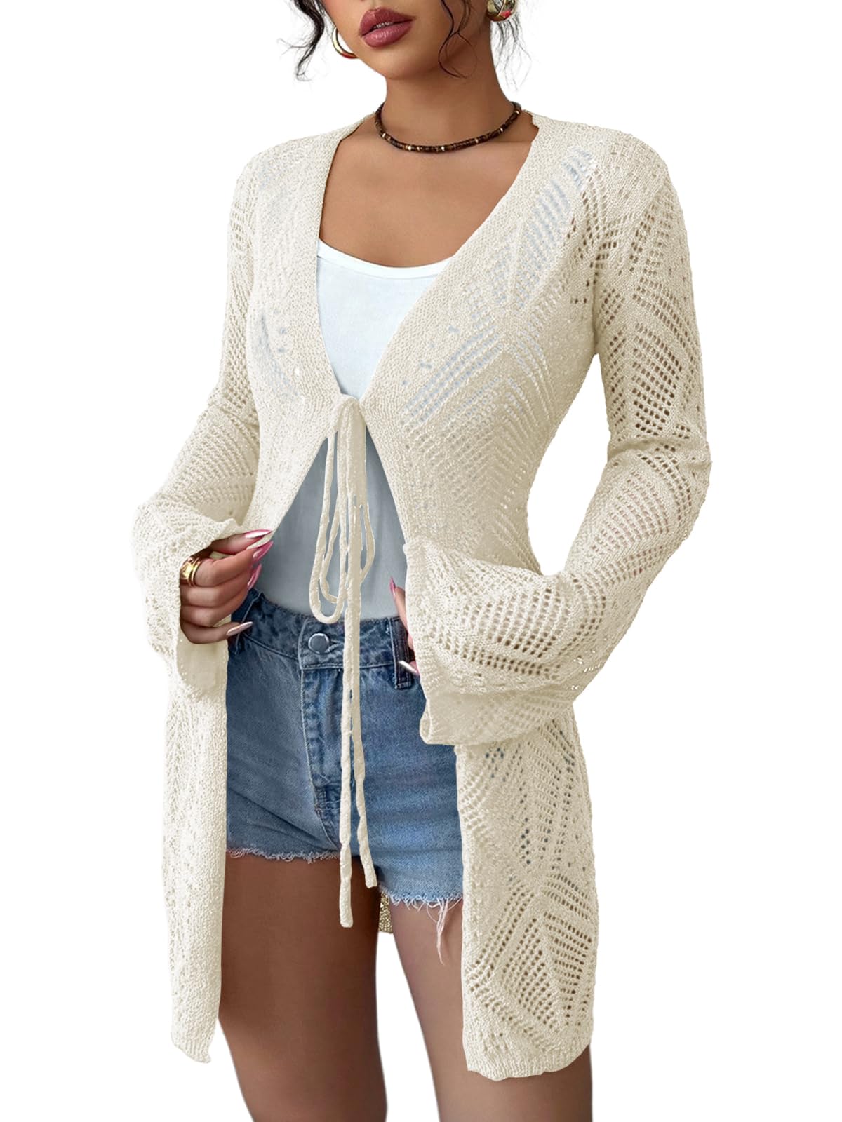 Womens Crochet Sheer Mesh Beach Cover-Up Open Front Loose Knit Cardigan Sweaters Casual Tops