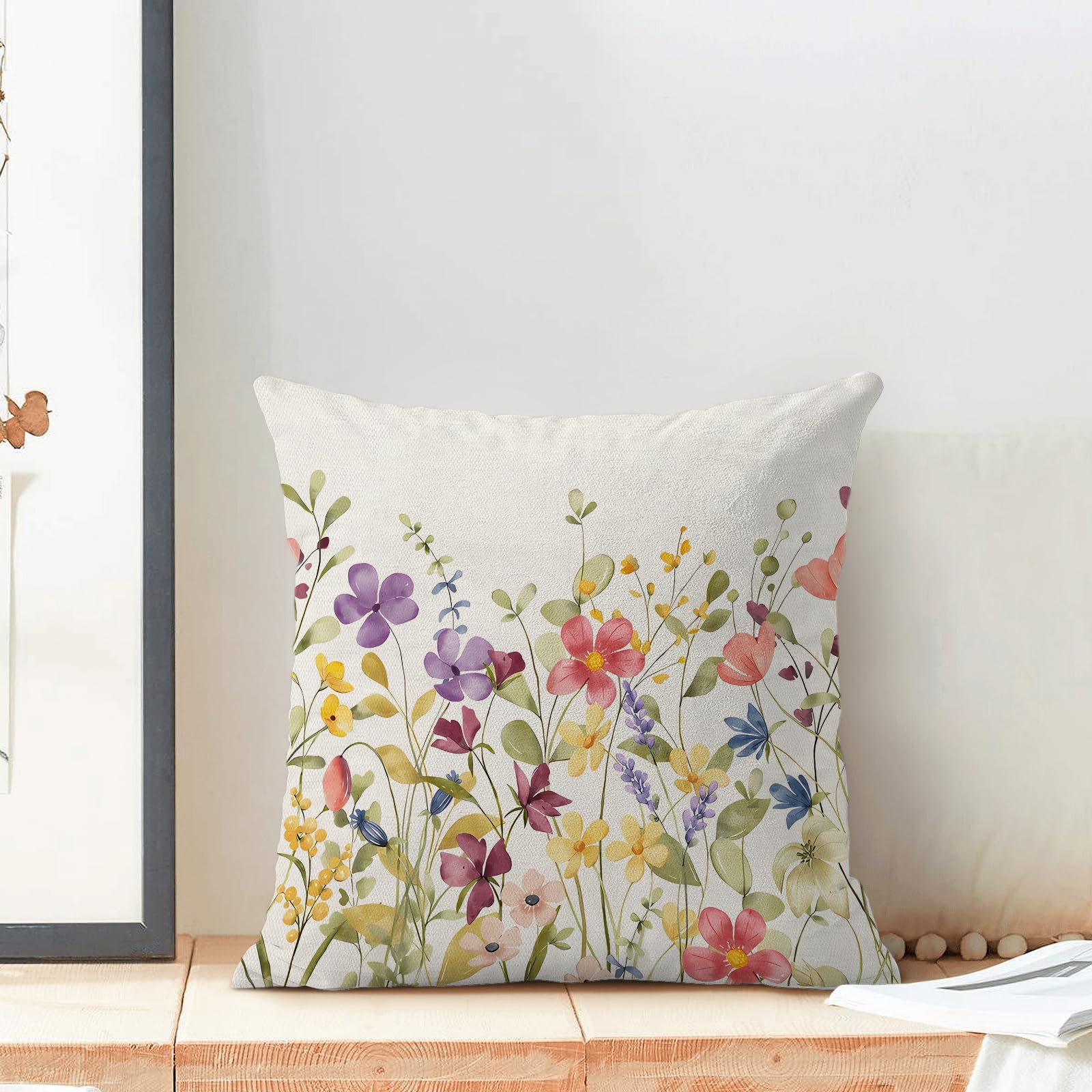2 Federe Per Cuscini 60x60 Cm Misto Cotone E Lino, Stampa Floreale Primaverile Rosa/blu/bianco, Con Cerniera Nascosta – Decorazione Casa