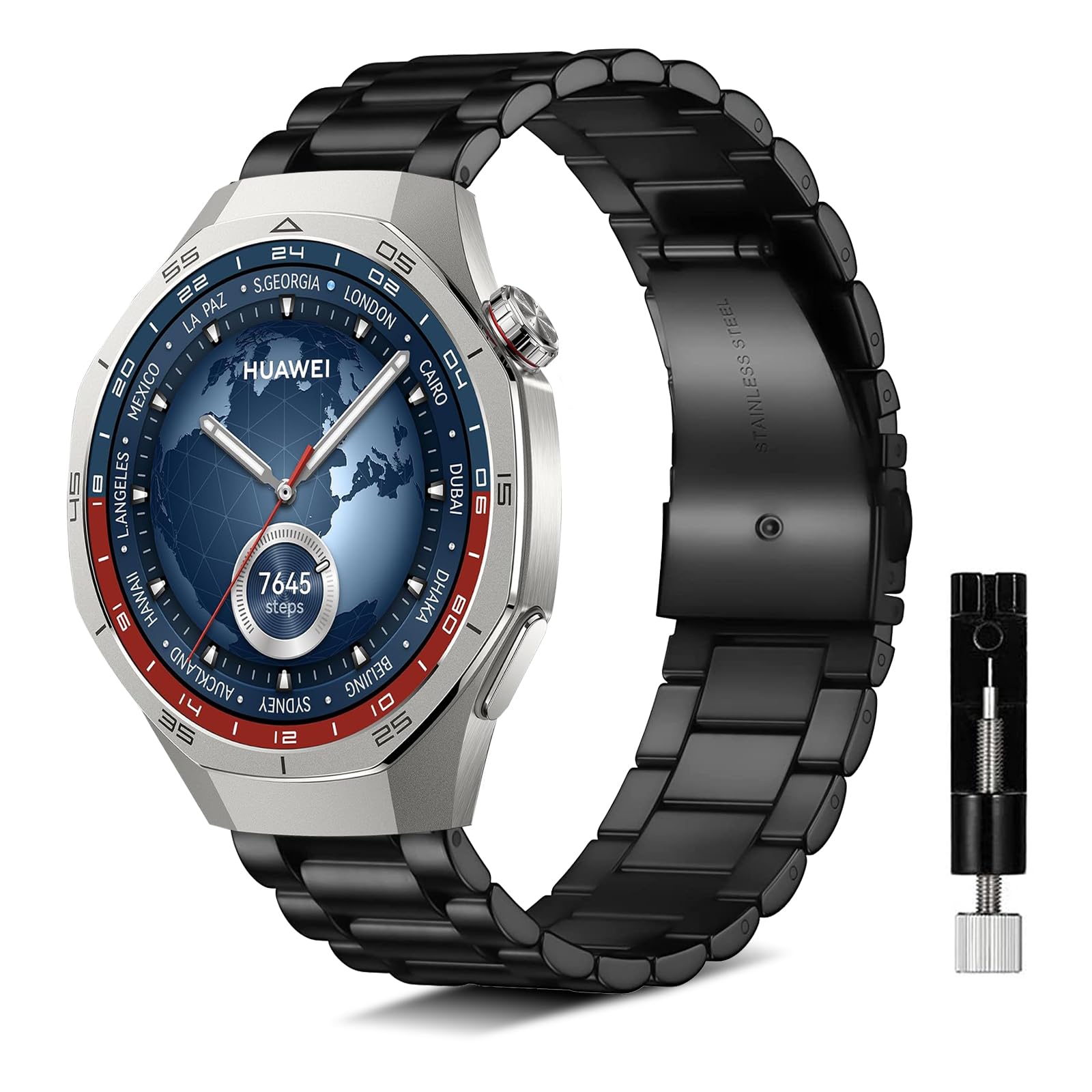 [KeeFos] 22mm バンド Huawei Watch GT Runner 2/GT6 Pro 46mm/GT6 46mm/GT5 Pro/GT5/GT4/GT3(46 mm) 対応 交換ベルト スマートウォッチ 替え ステンレス 金属ベルト 長さ調整器具付き 交換バンド Huawei Watch 5/4Pro/4/3Pro/3(46 mm) 対応 - ブラック