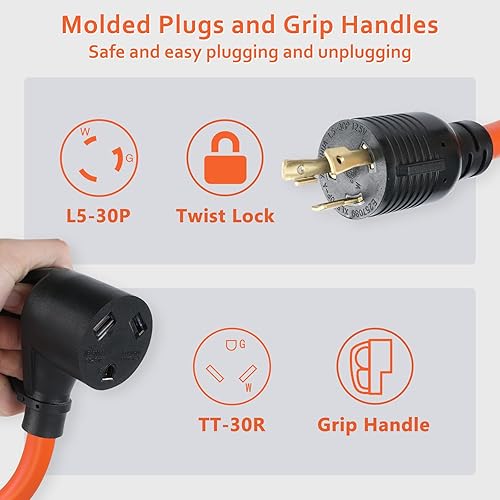 Miniatura 2 de Adaptador de generador RV de 30 amperios, 14 pulgadas, 3 clavijas, L5-30P, bloqueo giratorio, enchufe macho a hembra TT-30R, cable adaptador de