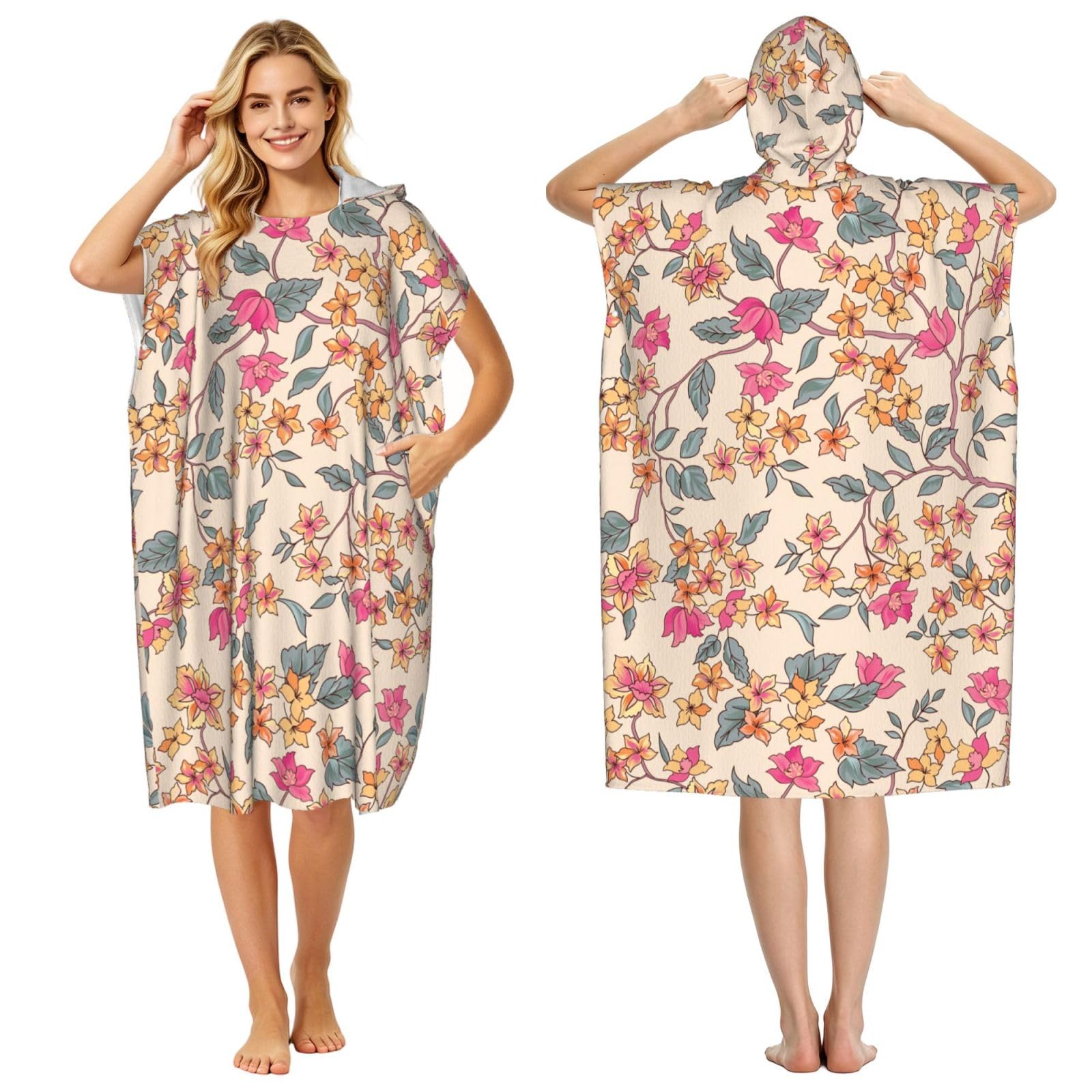 Poadnly Floral Flower Background, Adult Hooded Beach Towel 90 x 110 cm,Changing Bath Robe, Surf Poncho Towel For Women Men
