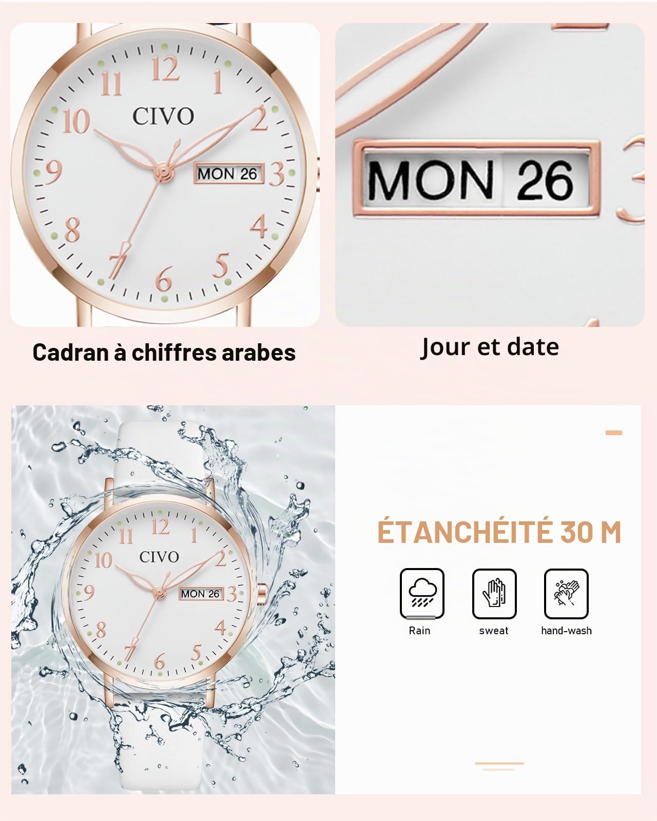 CIVO Montre Femme Analogique 35mm Cadran Clair Grands Chiffres Aiguilles Lumineuses Date Jour Bracelet Cuir