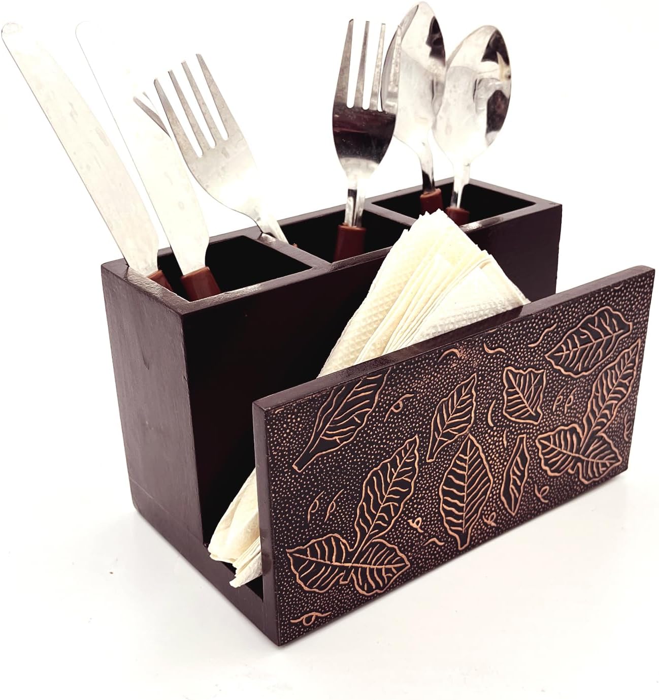 Wooden Napkin Stand with Cutlery Holder | Cutlery Stand | Napkin Stand with Spoons for Kitchen | Tissue Paper with Offices Stationary Holder | Spoon Stand for Dining table (Brown)