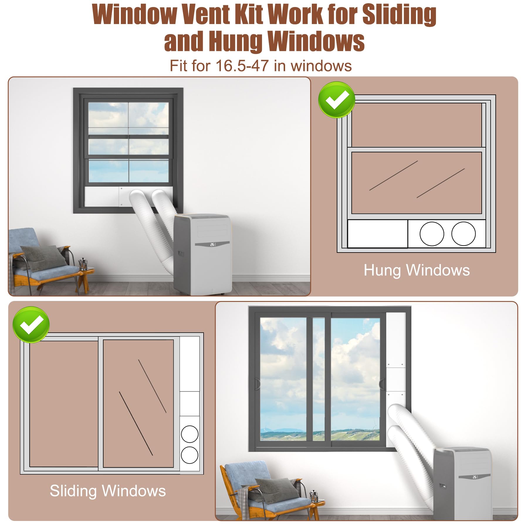 BJADE'S Kit de sellado de ventana de aire acondicionado portátil de doble manguera para manguera de escape de CA portátil de 5 pulgadas con cinta de sellado aislante, kit de ventilación portátil