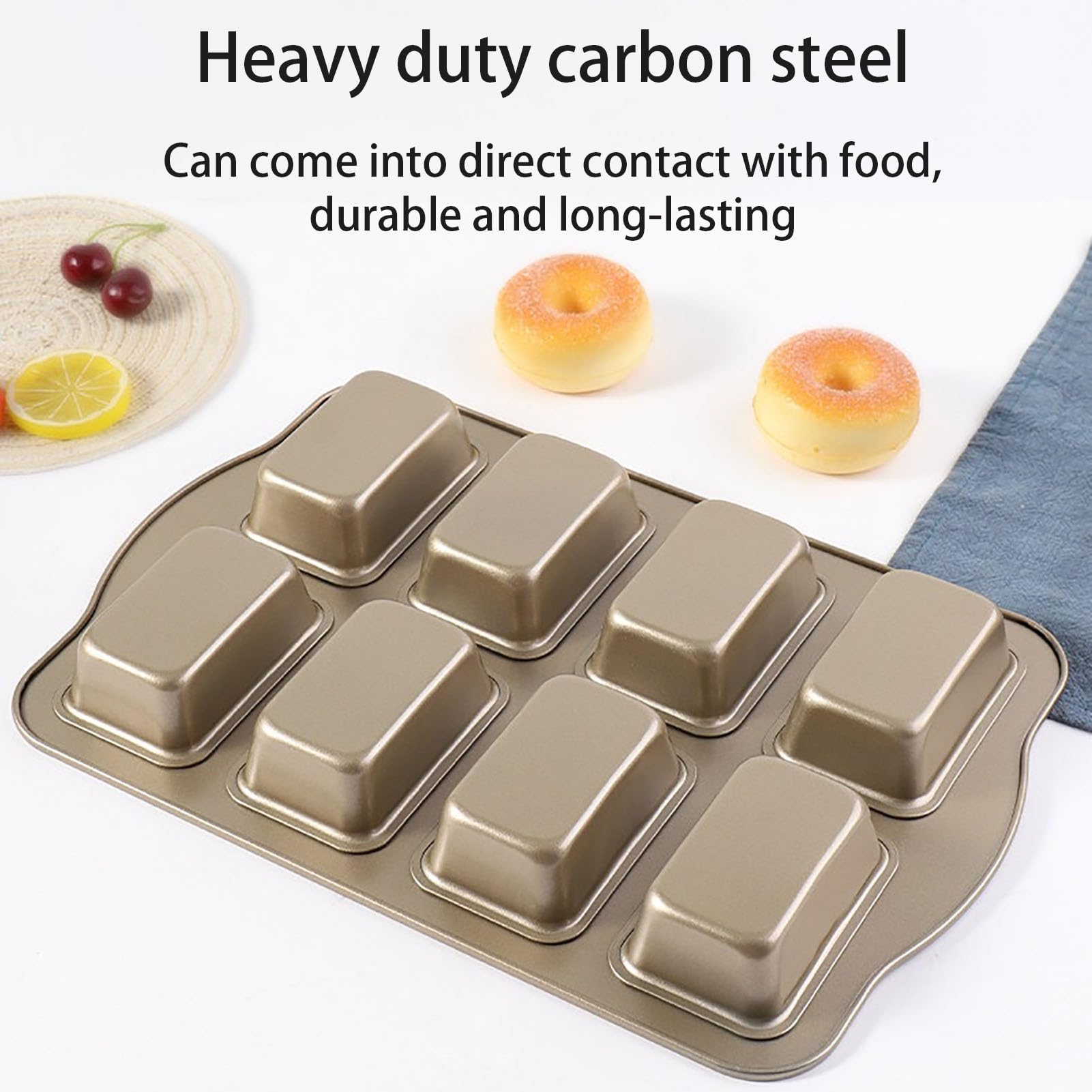 Rectangular Molde Magdalenas Horno De Acero Al Carbono Muffin Tray De 8 Cavidades Fáciles De Desmoldar Antiadherentes Bandeja Para Hornear Brownie(Gold)