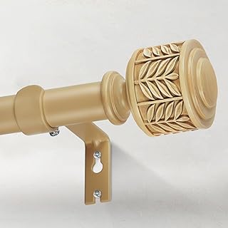 Decorative Wood Curtain Rods for Windows 48 to 84, 1 Inch Heavy Duty Boho Curtain Rod Adjustable with Imitation Wooden Grain Leaf Pattern Finials for Farmhouse/Kitchen/Bedroom, 32"-90"