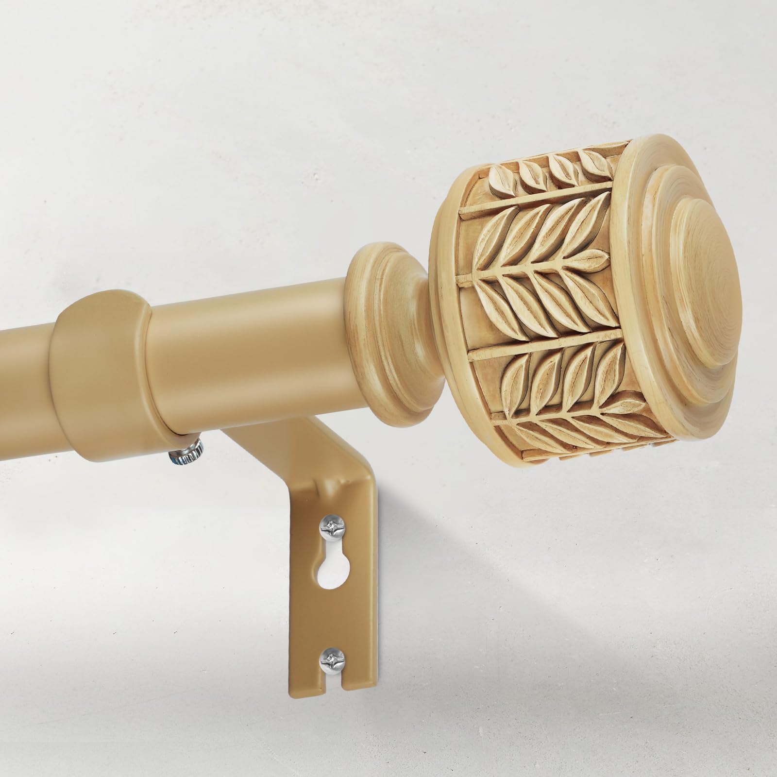 Decorative Wood Curtain Rods for Windows 48 to 84, 1 Inch Heavy Duty Boho Curtain Rod Adjustable with Imitation Wooden Grain Leaf Pattern Finials for