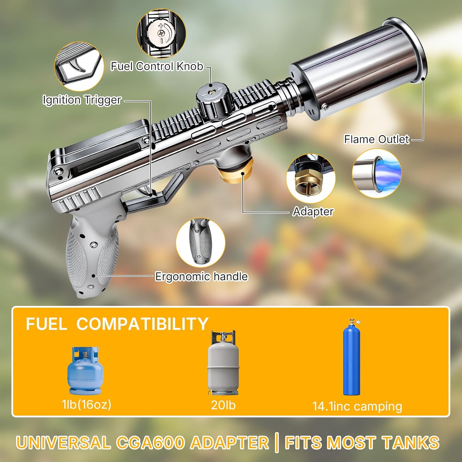 Propane Torch Gun, Adjustable Turbo Flame Blowtorch – 3272°F Max,Culinary Torch for BBQ, Searing Steak, Sous Vide, Campfire Starter (Tank Not Included)