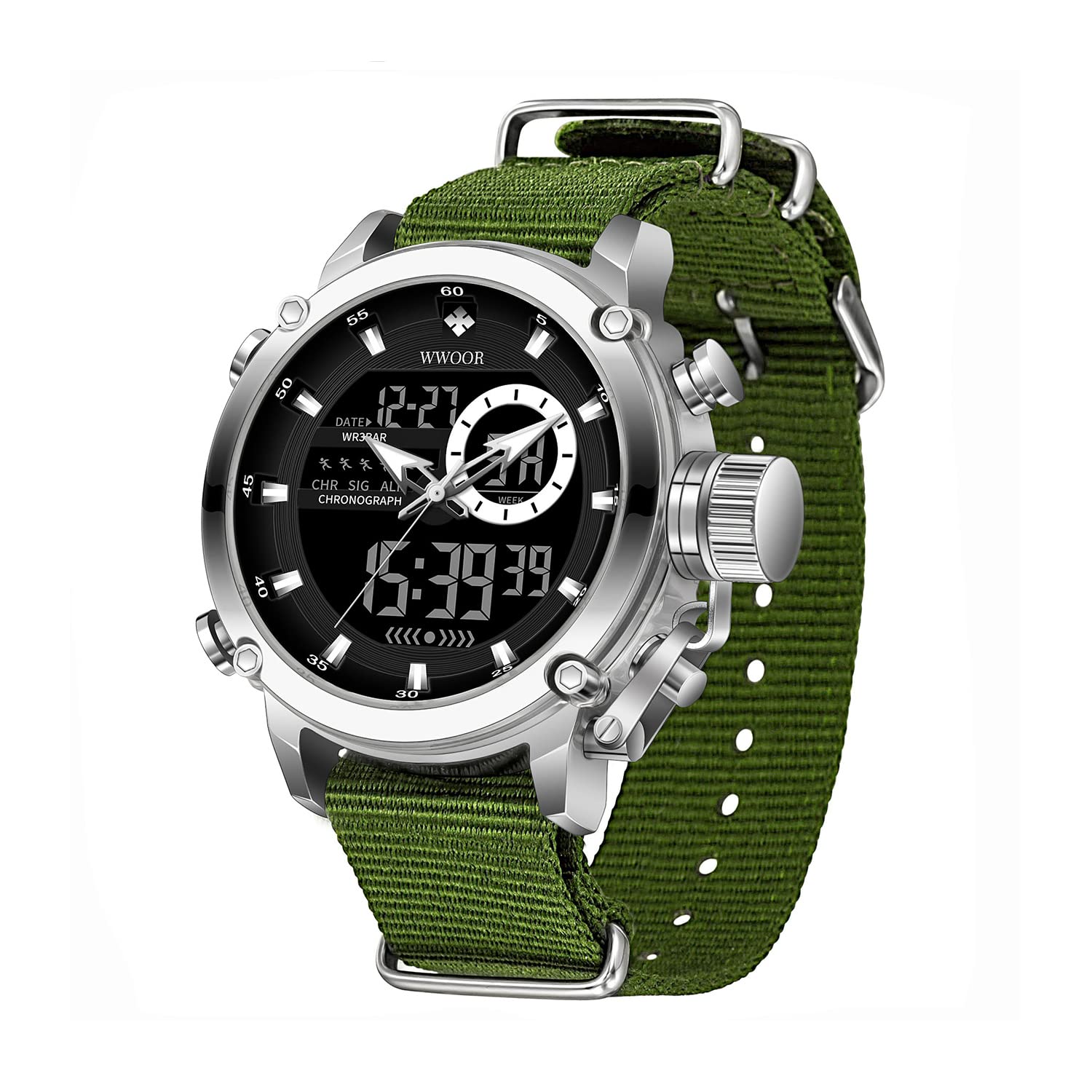 WWOOR Reloj deportivo para hombre,Relojes militares para,reloj electrónico táctico, reloj de pulsera LED, cronómetro, resistente al agua, relojes analógicos digitales