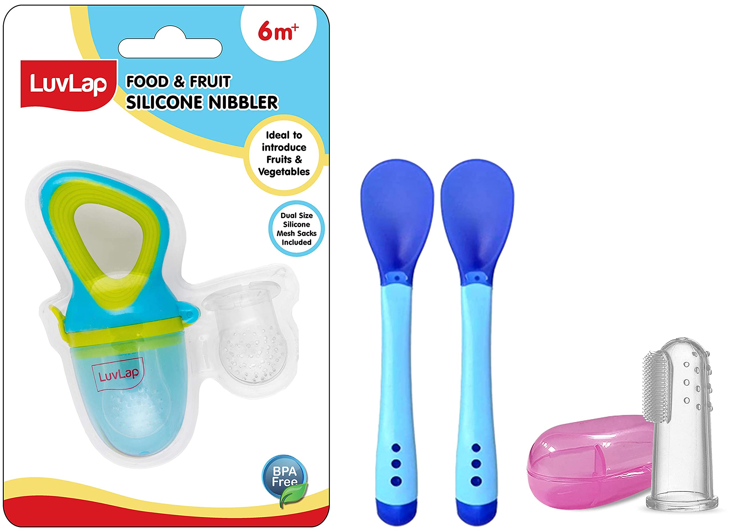 Luvlap Silicone Food/Fruit Nibbler, Elegant Blue & Tiny Love Heat Sensitive Baby Feeding Spoons Set, Blue & Baby Silicone Finger Toothbrush with Case for Easy Cleaning