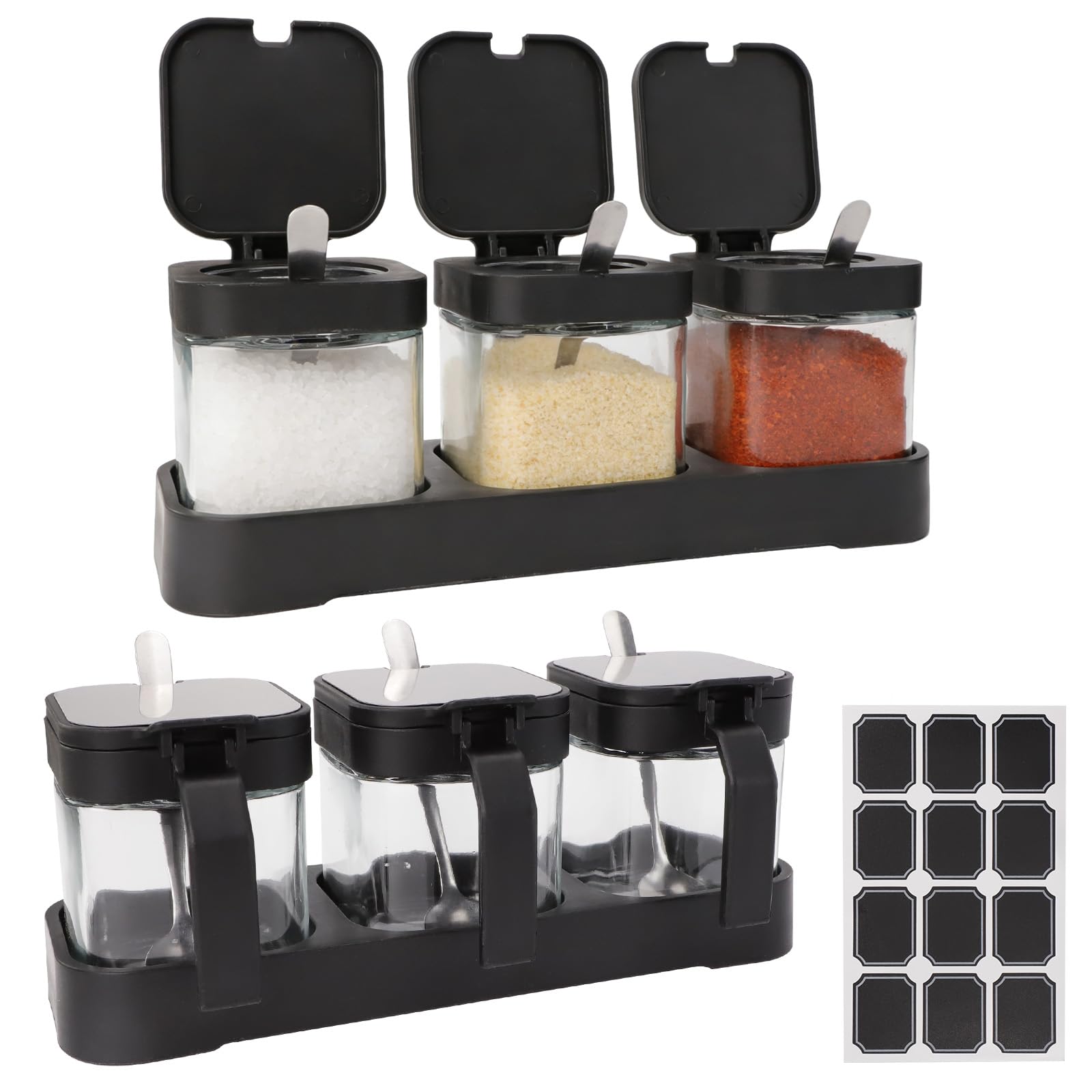 SICANAUO 2pcs 3 Grids Glass Seasoning Box with Tray, 255ml Clear Condiment Jars with Lids and Spoons, Storage Container with Labels for Spices, Seasoning, Seeds, Grains, Sugar and Salt(Black)