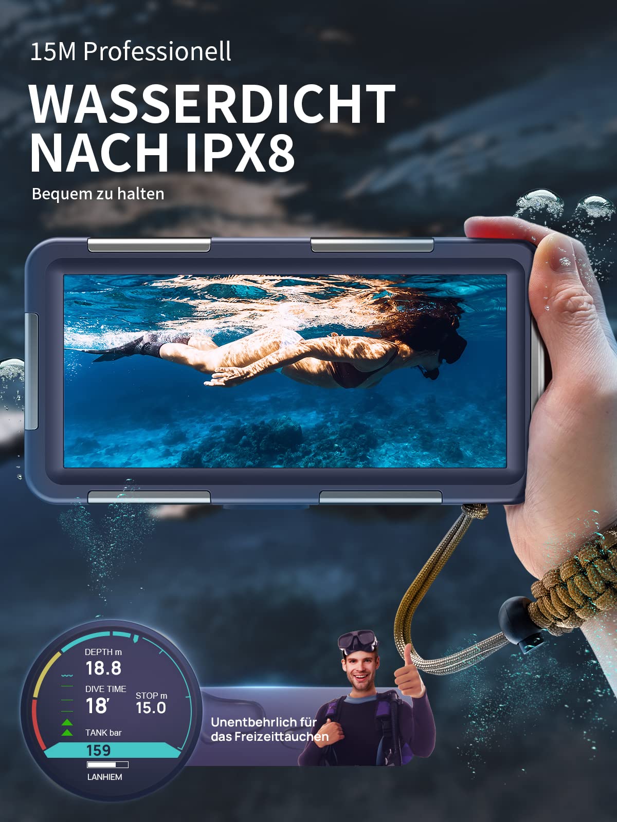 Lanhiem Wasserdicht Handyhülle IPX8 Universelle Tauchen Professionelle Handy Unterwasser Hülle Wasserfeste tief 15M Handytasche für iPhone Samsung Huawei Xiaomi Redmi, Tauchen Schnorcheln Surfen Case