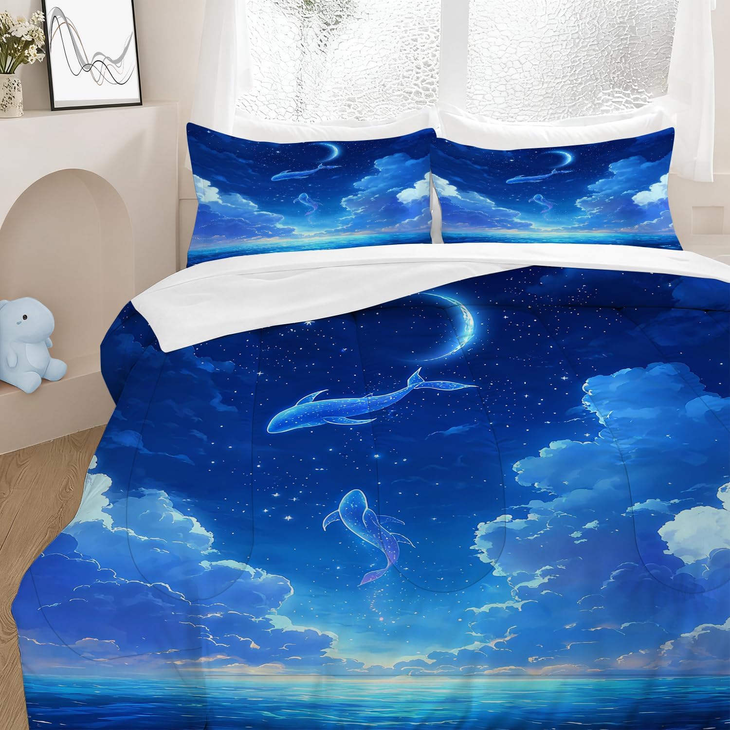 Whale Bedding Set Full/Queen Comforter Set Cute Whale Starry Sky Quilt for Boys Girls Teen Bedroom Decor Ocean Galaxy Bed Sets 1 Comforter+ 2 Pillowcases