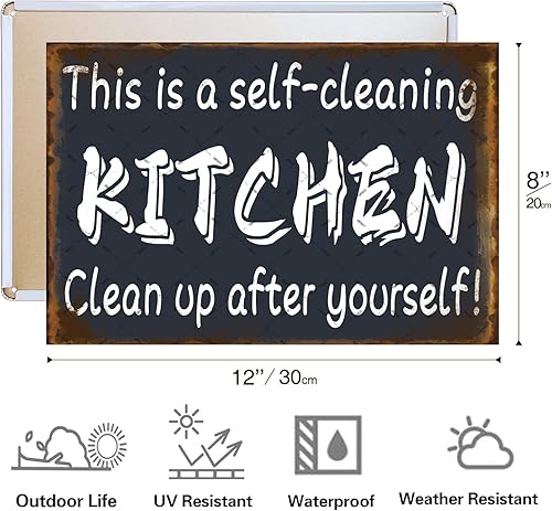 Miniatura 2 de EMOHAT Letrero de metal de cocina con texto en inglés This is a Self-Cleaning Kitchen Clean Up After Yourselning, cartel de decoración para el