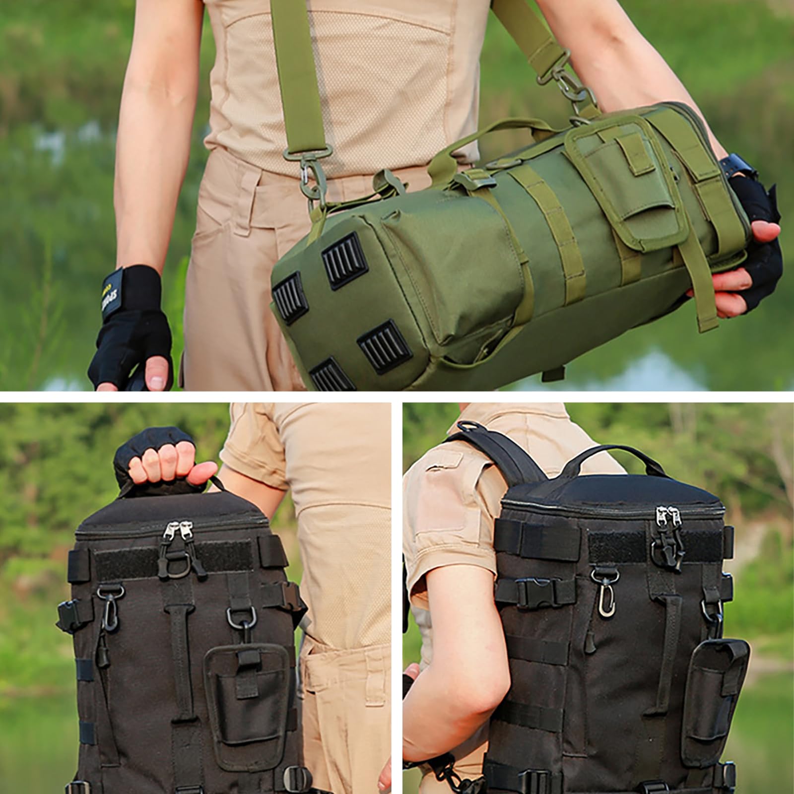 MeYuxg Angelrucksack mit Rutenhalter,Angelrucksack aus Oxford-Gewebe mit Rutenhalter,Multifunktionaler Freizeit-Angelrucksack,Umhängetasche für Angelausrüstung zum Campen,Wandern und Radfahren(Grün)