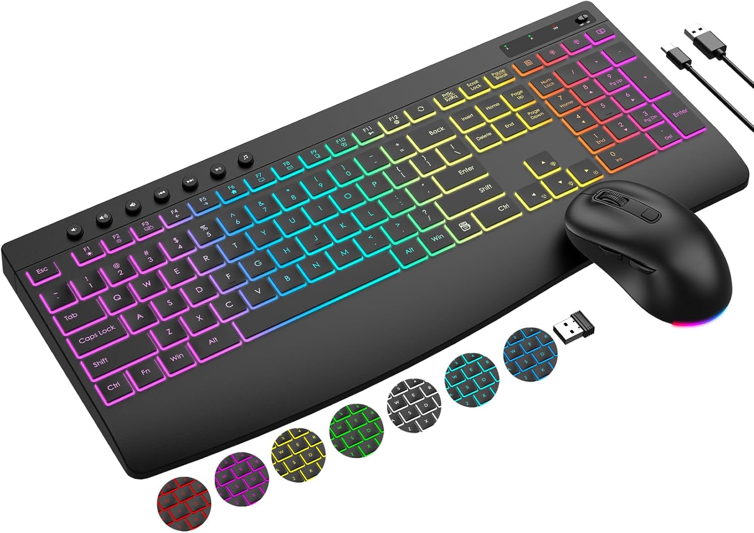 Wireless Keyboard and Mouse Combo, 9 Backlit Effects, 4000mAh Rechargeable Backlit Keyboard with Wrist Rest, 6 Button Mouse, 2.4G Full Size Quiet Keyboard Set for Computer, PC, Laptop, Mac, Windows