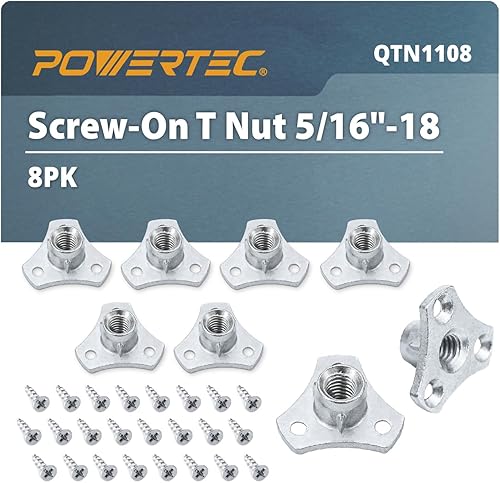 Miniatura 10 de POWERTEC Tuercas en T 3/8-16, 50 piezas 4 tuercas en T para pernos y ruedas giratorias de vástago, insertos roscados para trabajar en madera