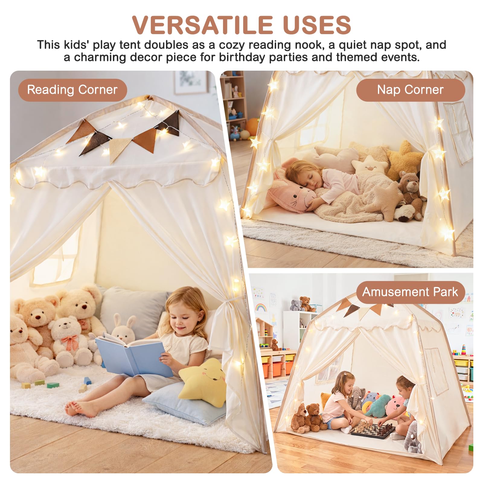 Tente Enfant, Cabane Enfant Intérieur avec Lumières et Drapeaux Tente de Jeu pour Enfants Princesse Tipi Cadeaux d'Anniversaire et de la Fête des Enfants Garçons Filles Décoration de Chambre d'Enfants