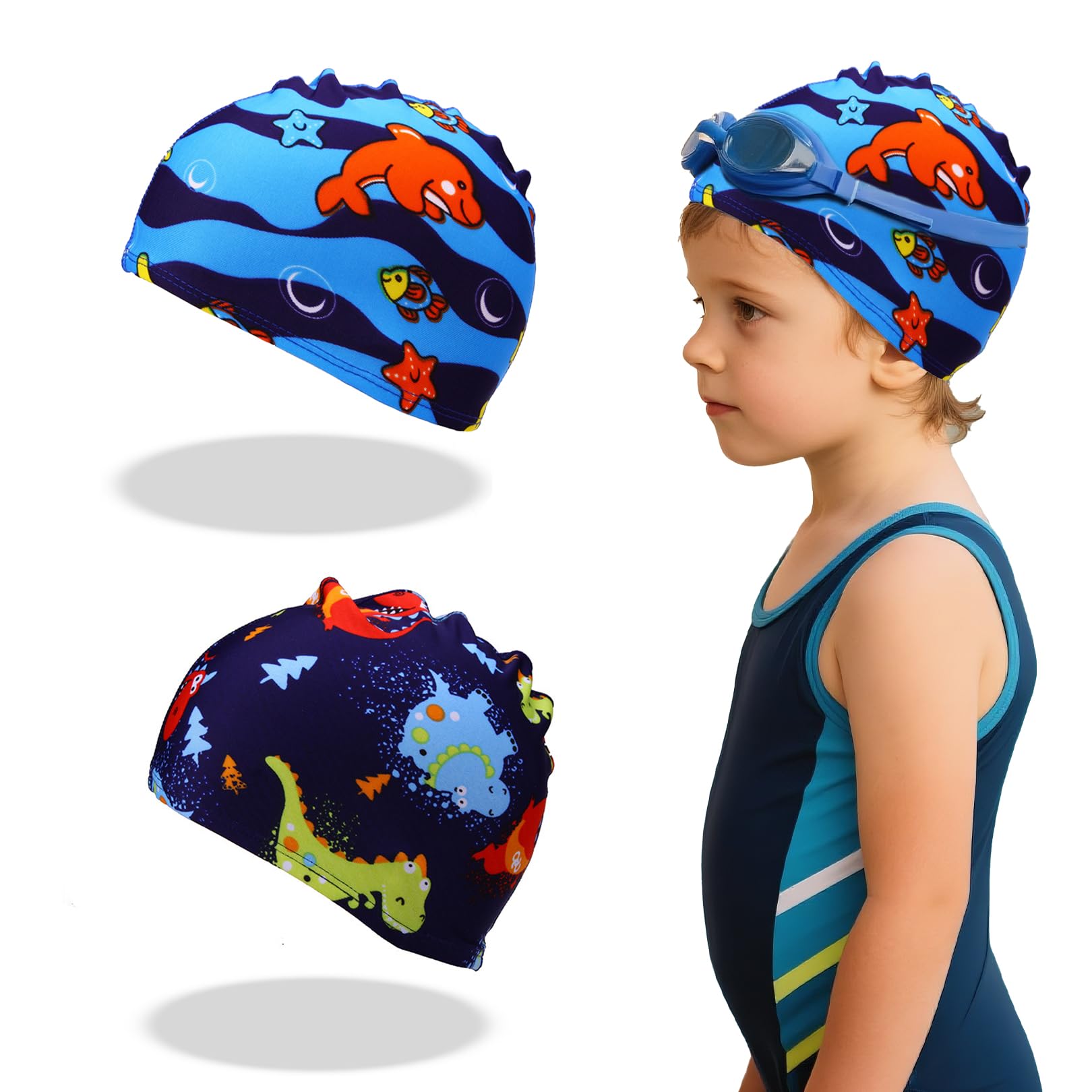 2 Pcs Kids Swimming Cap,Fabric Swimming Cap Kids,Kids Swimming Hat,Elastic Swim Caps,Comfortable Swim Hat,Unisex for Boys Girls Toddler Children Teens for Age 2-8
