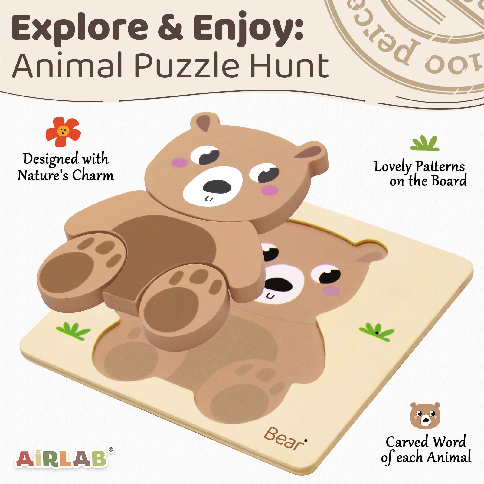 Airlab Puzzle Legno Bambini 18+ Mesi, Giocattoli Educativi Risveglio Montessori, Puzzle Animali 3D con Cornice e Borsa Organizer, Regalo Compleanno Pasqua Halloween Natale Ragazzi Ragazze 2 3 4 5 Anni