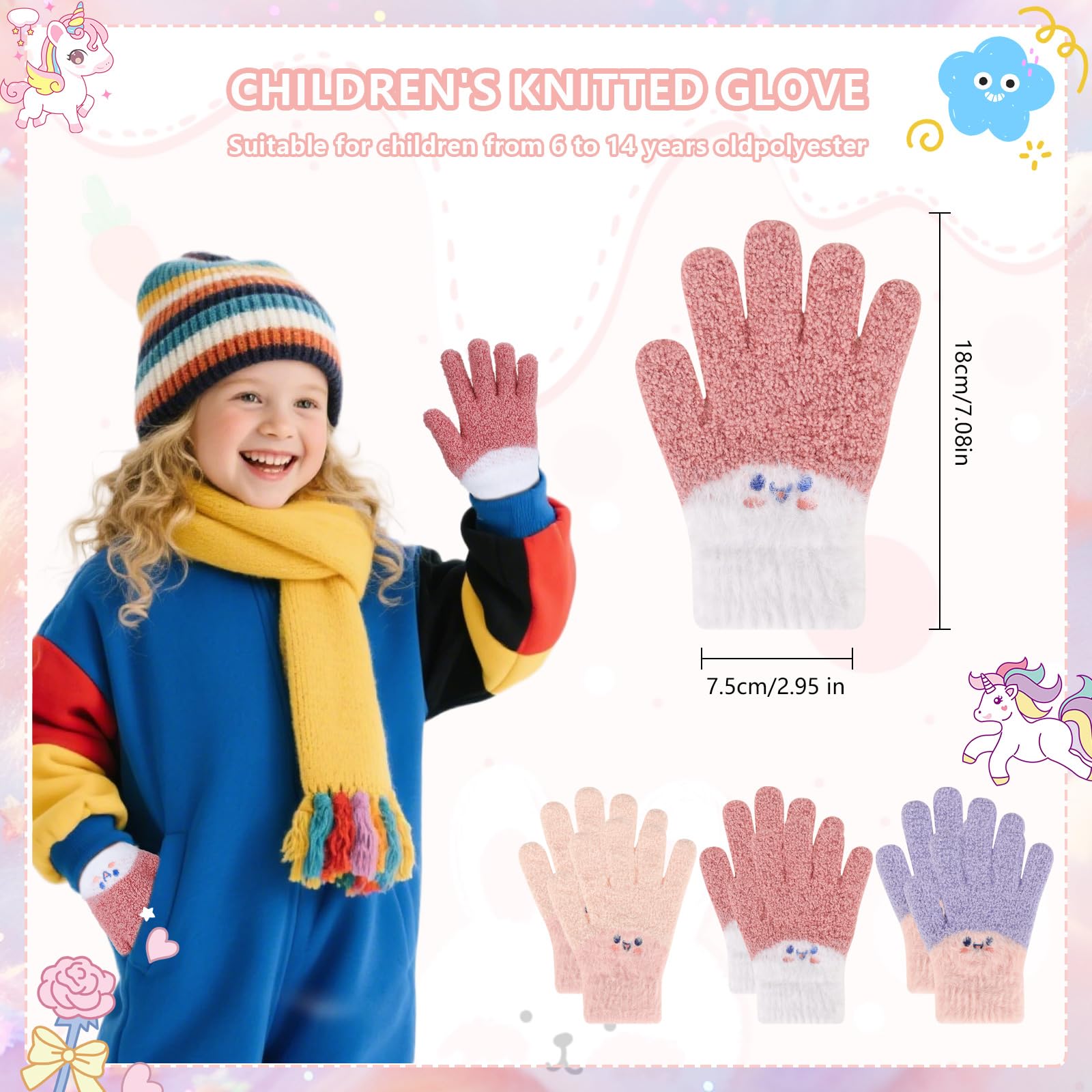 QKURT Lot de 3 paires gants magiques enfants tricotés chauds élastiques mitaines hiver 6-14 ans