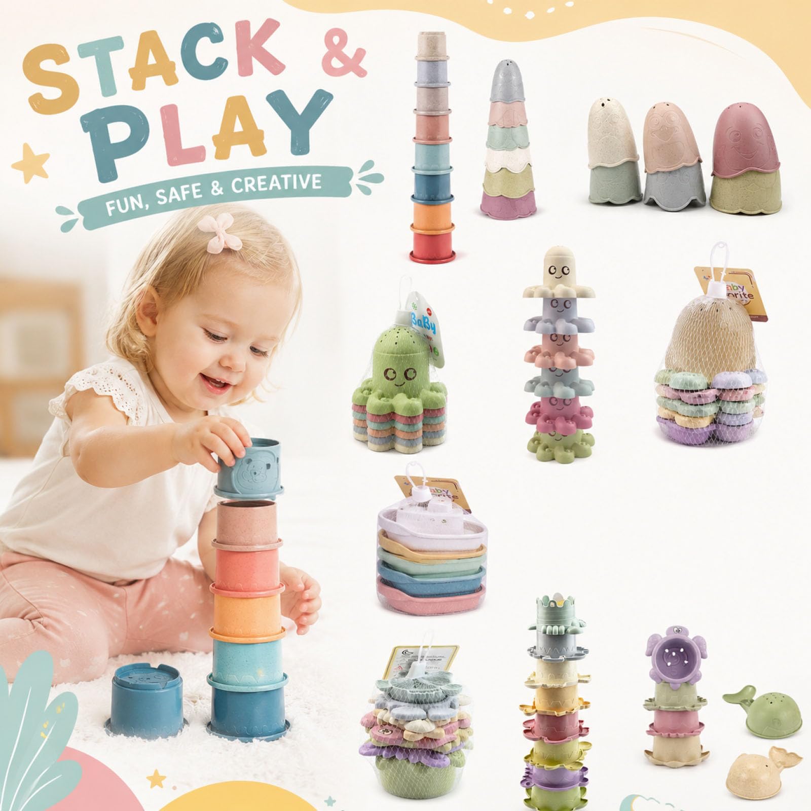 Silikon Stapelbecher Baby, Stapelturm Baby Spielzeug ab 6 Monate, BPA-frei, Montessori Spielzeug Baby Motorikspielzeug, Weich Beißring Stapelsteine Badespielzeug Geschenk für Jungen Mädchen 1 Jahr (A)