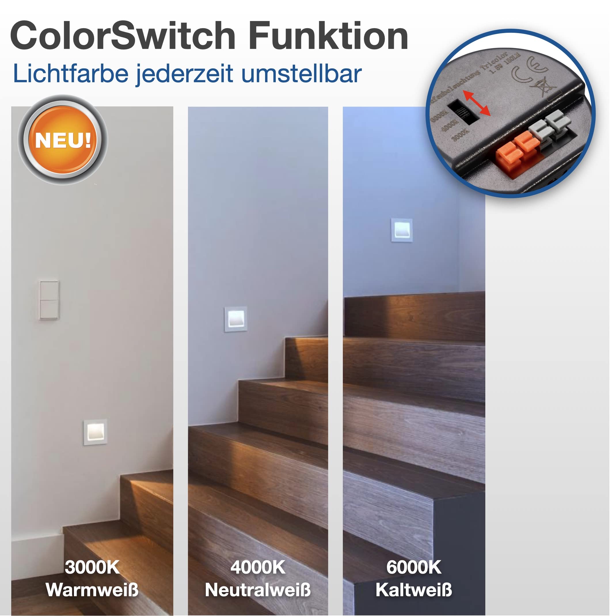 lambado® LED Treppenbeleuchtung Weiss rund 1,5W | 230V Unterputz Treppenlicht Treppenbeleuchtung Innen | Wandeinbauleuchte Beleuchtung für Treppen | Treppenstufenbeleuchtung Down