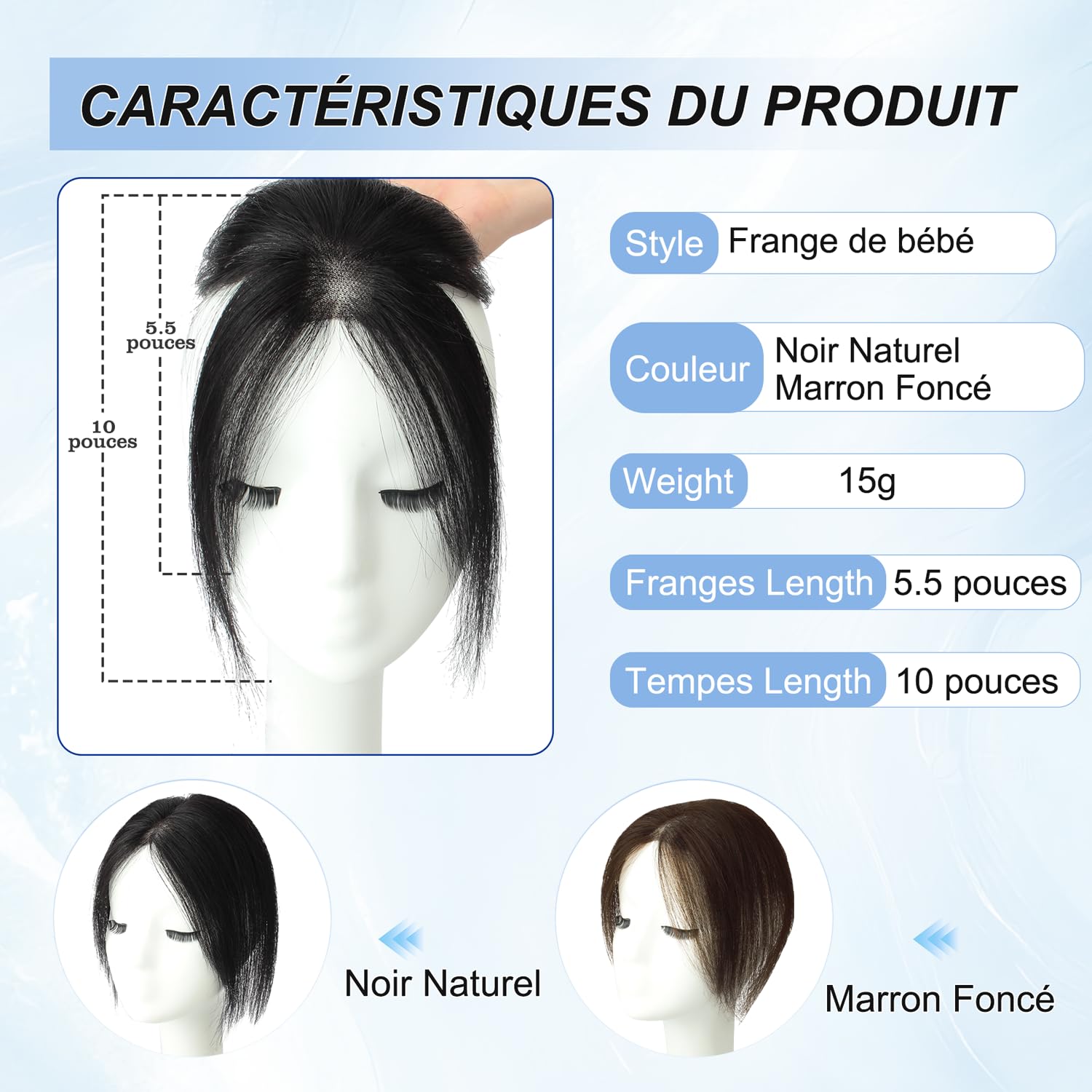 WORLDSTAR Hair Topper Cheveux Humain Femme,Frange de Bébé,15g,Noir Jais
