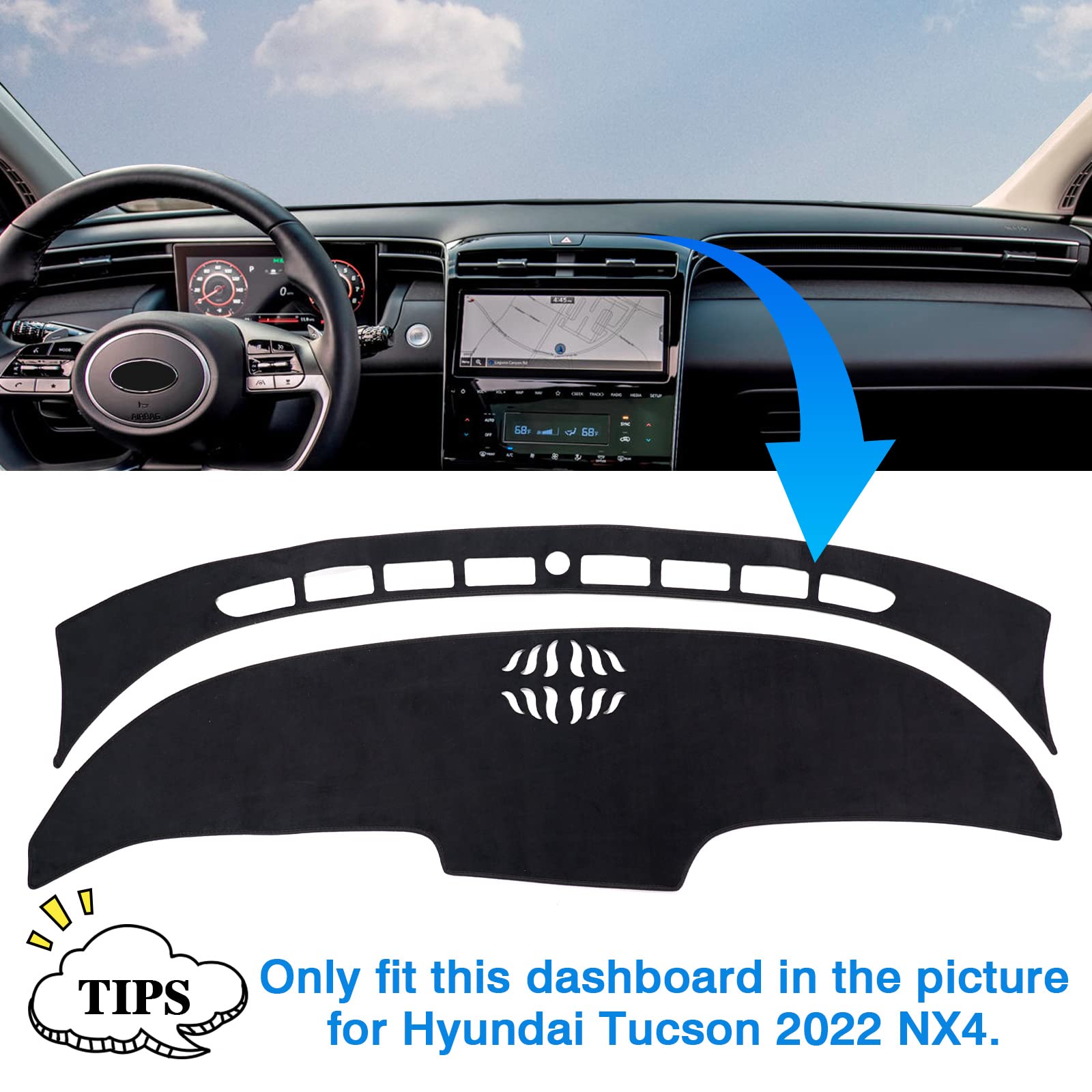 Autorder Custom Fit for Dashboard Cover Hyundai Tucson 2022 2023 NX4 Accessories Flannel Nonslip Dash Mat Protector Black(Only Fit 10.25 inch Digital Cluster,not fit 4.2 inch)