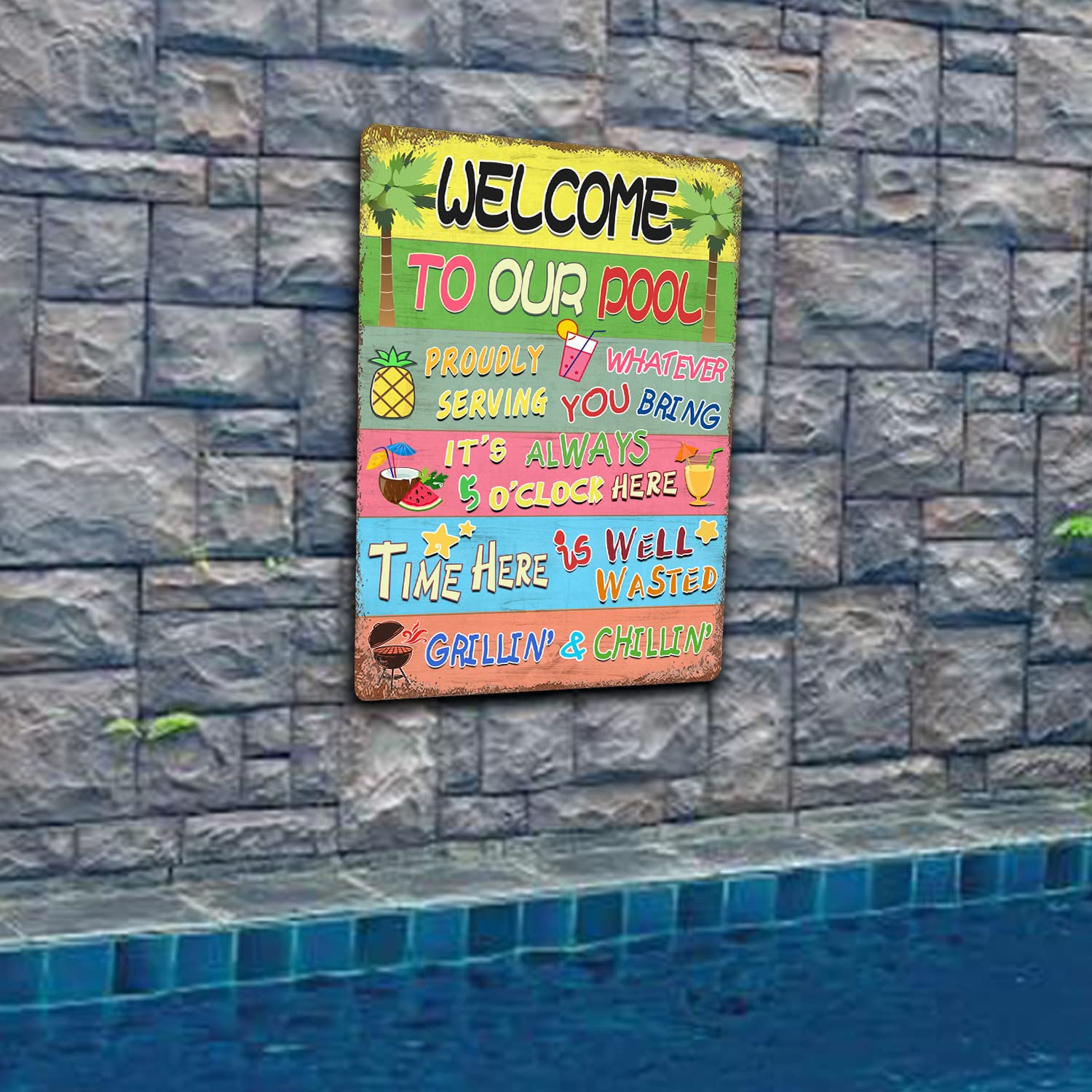 Panneau Métal Règles Piscine Vintage 20x30cm - Déco Murale Intérieur/Extérieur