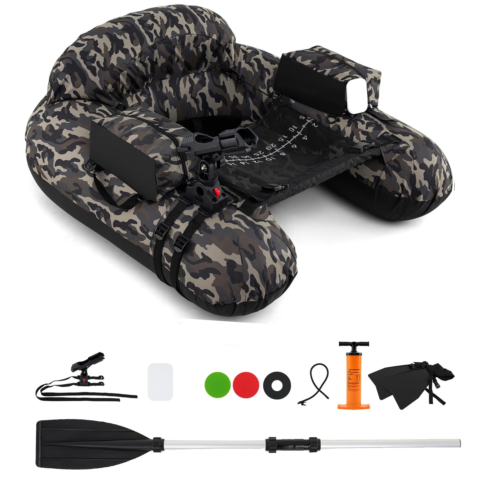 GYMAX Tube Flottant de Pêche Gonflable, Bateau de Pêche en Forme U, avec Pompe à Air, Pagaie, 2 Palmes, Support de Canne, Filet d'Écaillage, Table d'Appâts, Charge 150KG