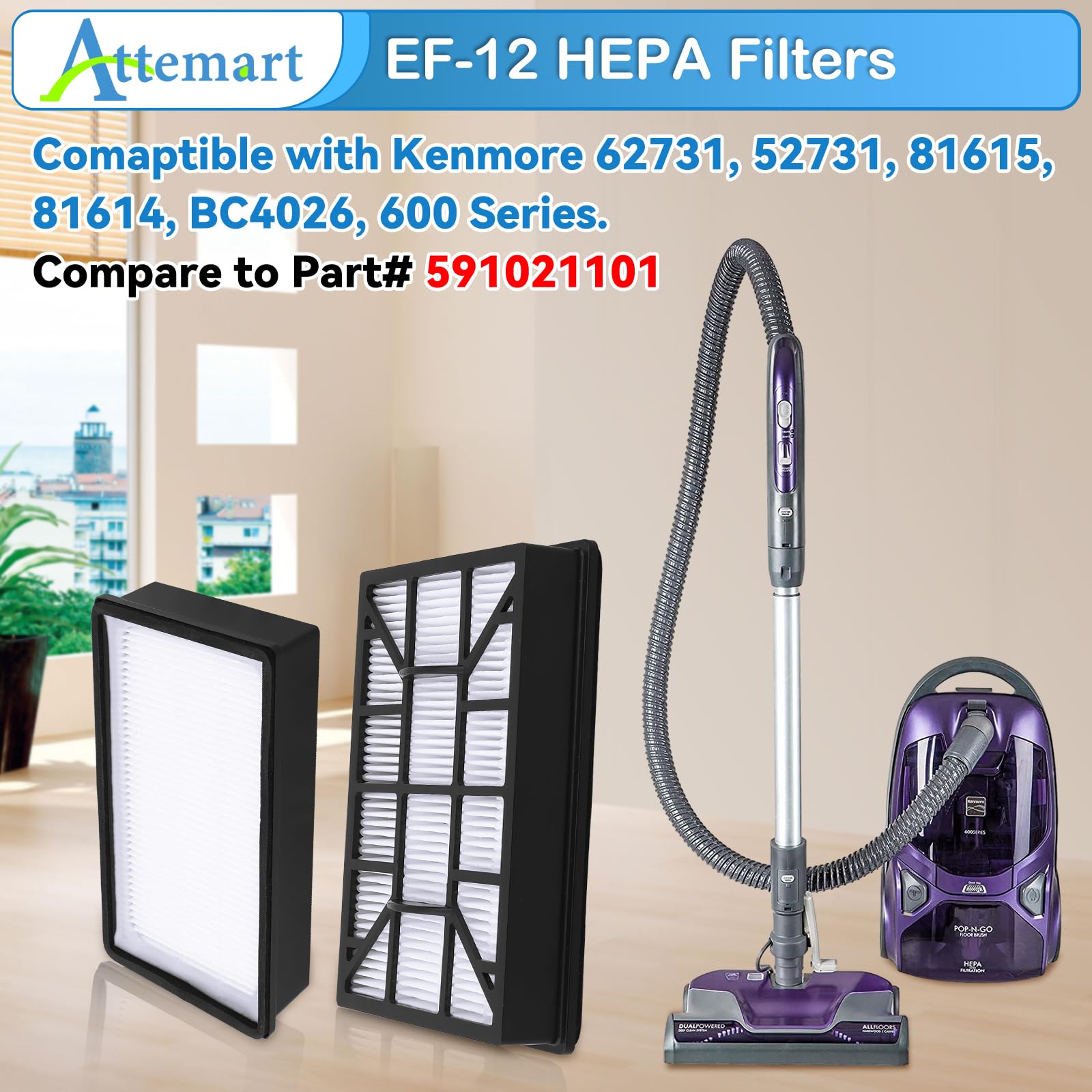 Attemart EF-12 HEPA Filter Replacement for Kenmore 62731, 52731, 81615, 81614, BC4026 Canister Vacuum Cleaners, Part #591021101, 2 Pack 600 Series Exhaust Filter for Kenmore
