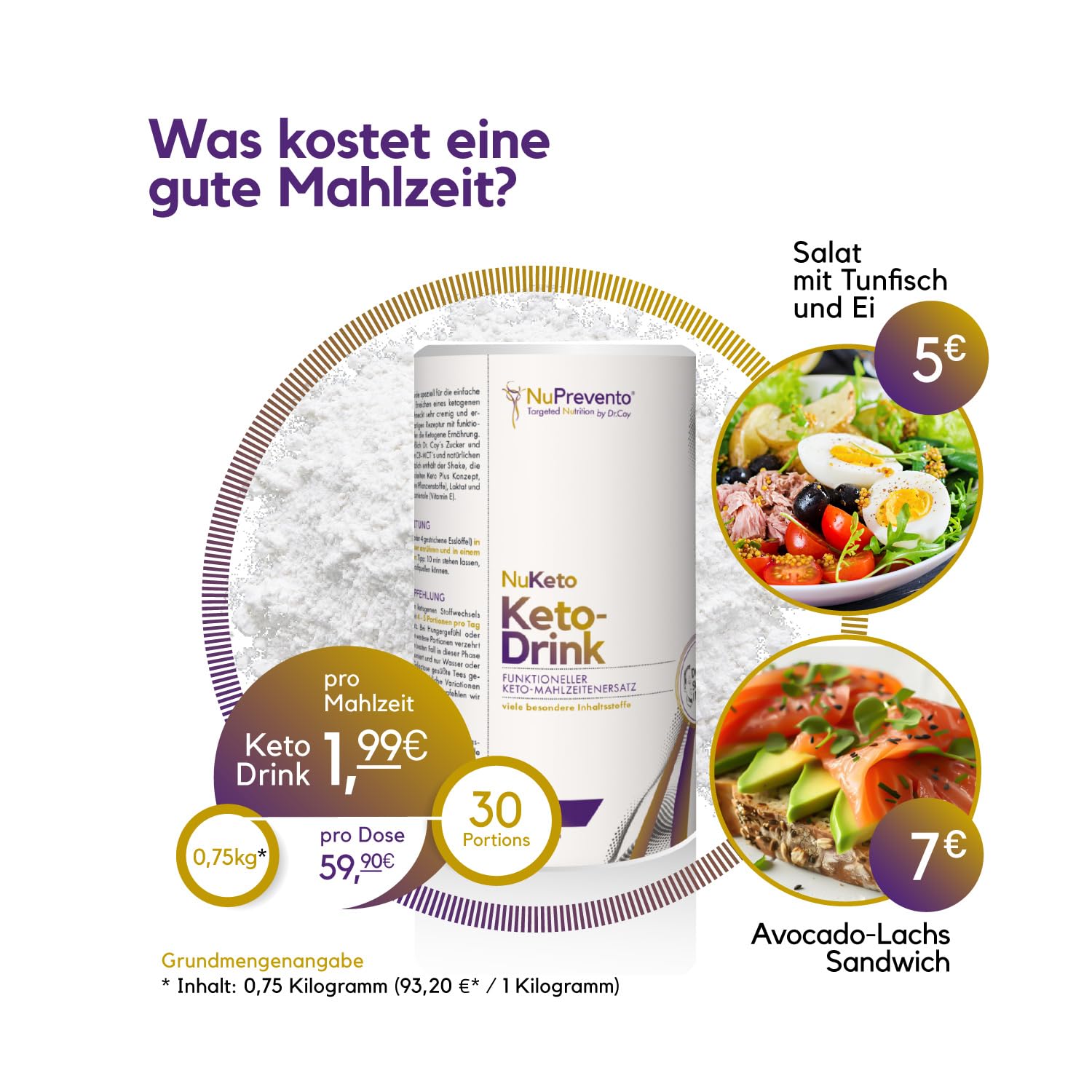 NuPrevento Keto Drink - ketogener Mahlzeitenersatz - Keton Getränk - 750g Dose