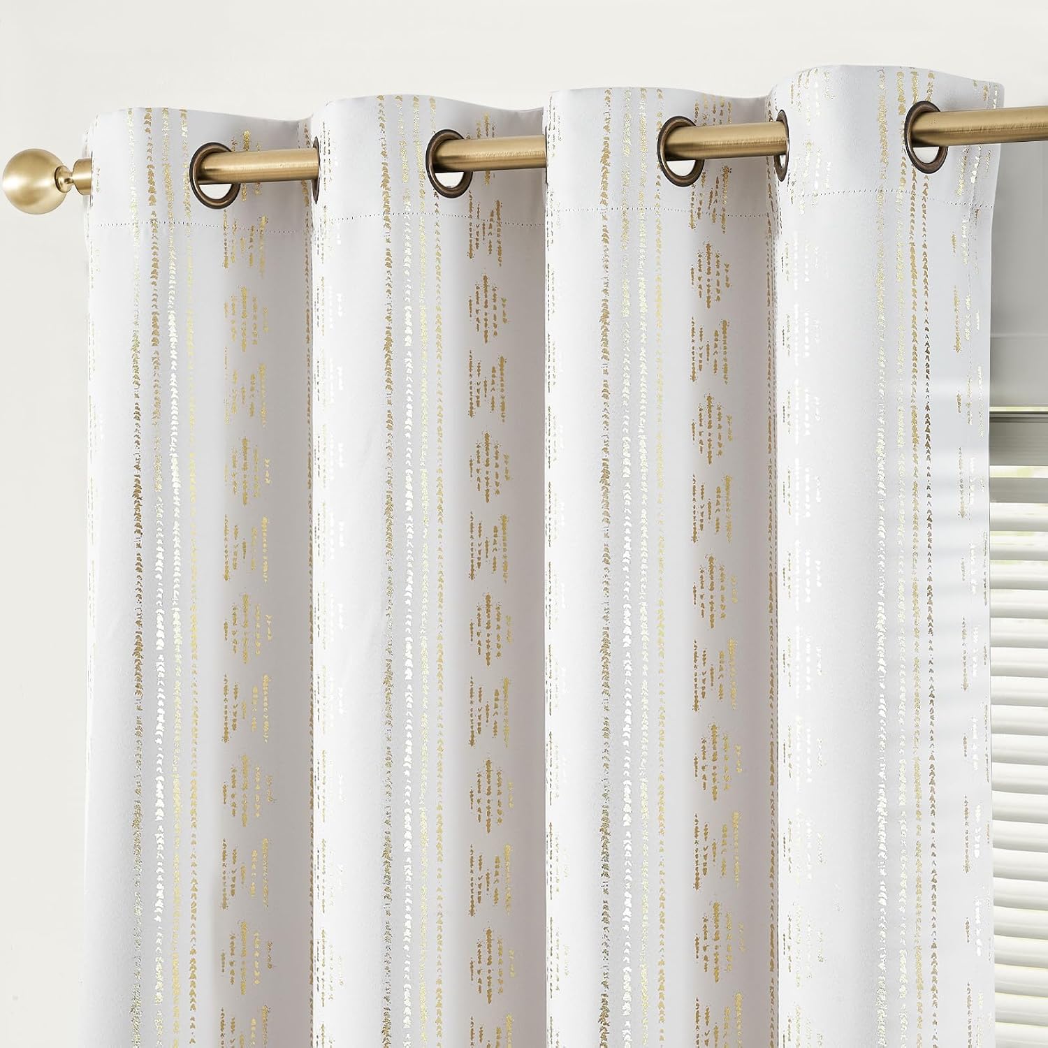 jinchan 100% Blackout Boho Curtains 90 Inches Long for Bedroom Living Room Golden Geometric Foil Printed Grommet Top Room Darkening Thermal Insulated Window Drapes Off White 52x90 2 Panels W52 x L90 Boho | Gold on Off White