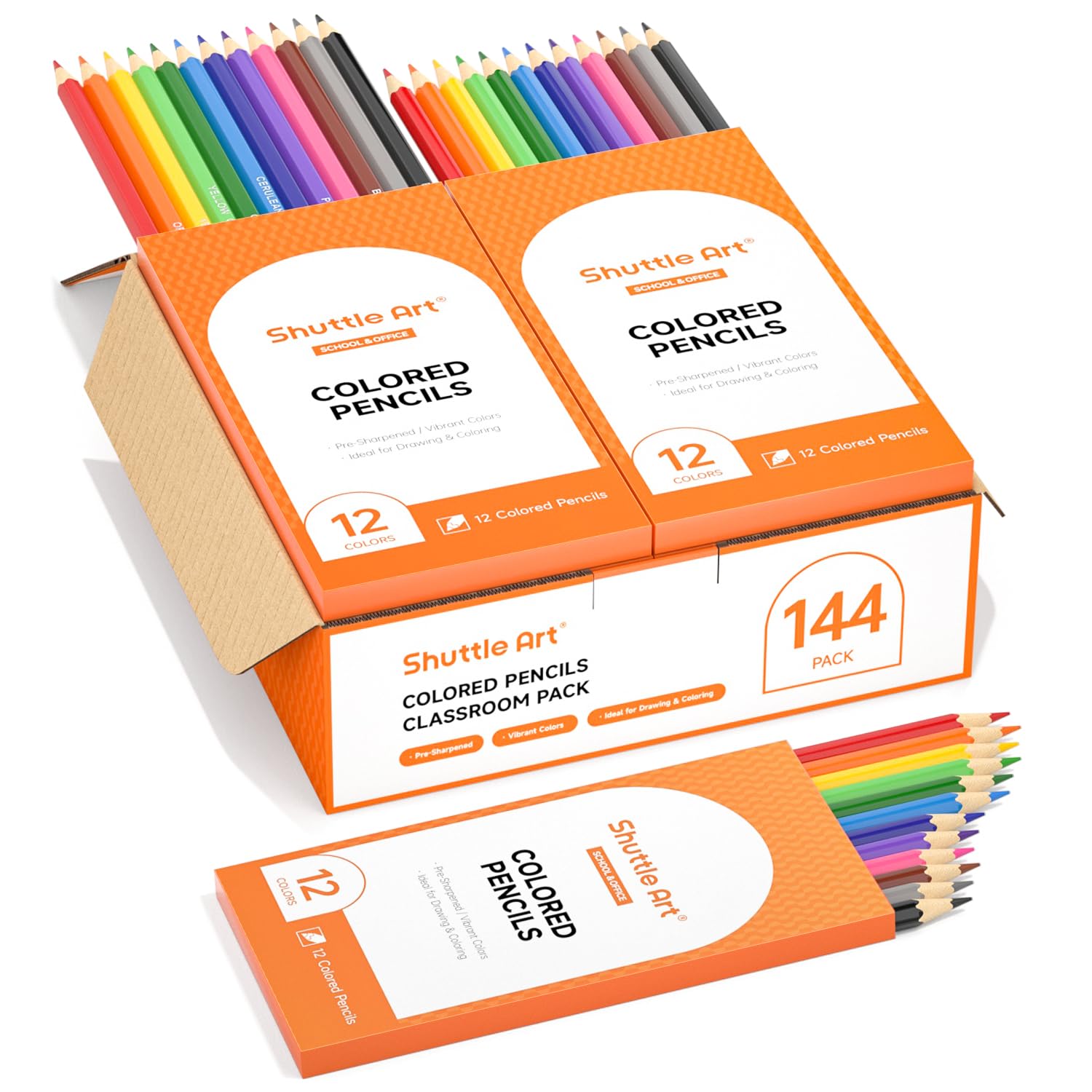 Shuttle Art 144 PCS Colored Pencils Bulk, 12 Assorted Colors, Pack of 12, Break-Resistant, Pre-sharpened Colored Pencils for Kids, Bulk Pack School